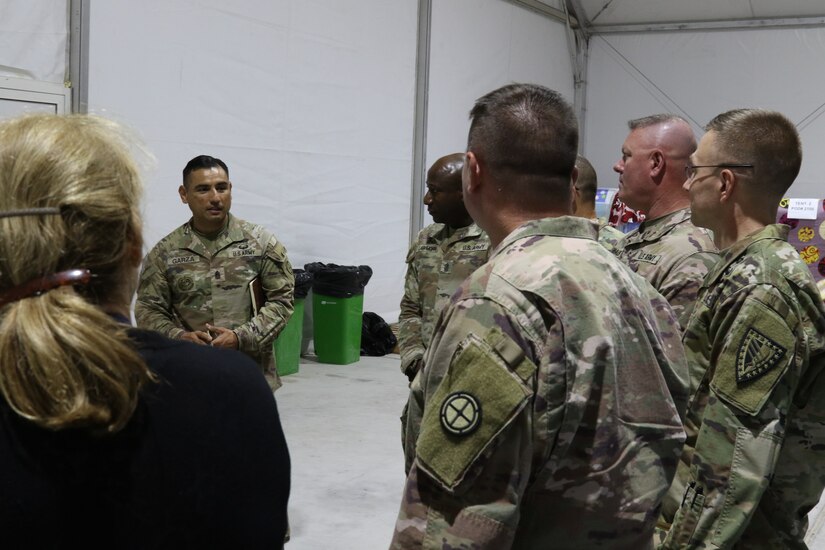 Lt. Gen. Patrick D. Frank, who assumed command of U.S. Army Central July 7, 2022, and Command Sgt. Maj. Jacinto Garza, met with the Soldiers of Task Force Liberty at Camp As Sayliyah, Qatar.