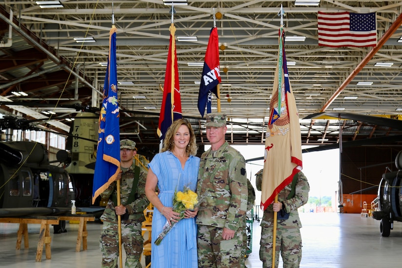 U.S. Soldiers with the 28th Expeditionary Combat Aviation Brigade, family and friends gather for a change of responsibility ceremony at Muir Army Airfield. During the ceremony, Command Sgt. Maj. Sean Livolsi passed the brigade’s senior enlisted leader responsibilities to Command Sgt. Maj. Jeff Huttle.