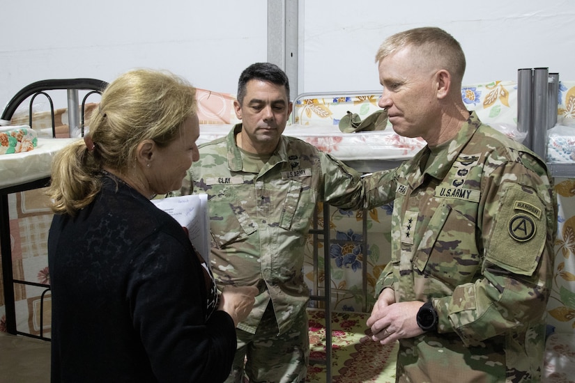 Lt. Gen. Patrick D. Frank, who assumed command of U.S. Army Central July 7, 2022, and Command Sgt. Maj. Jacinto Garza, met with the Soldiers of Task Force Liberty at Camp As Sayliyah, Qatar.