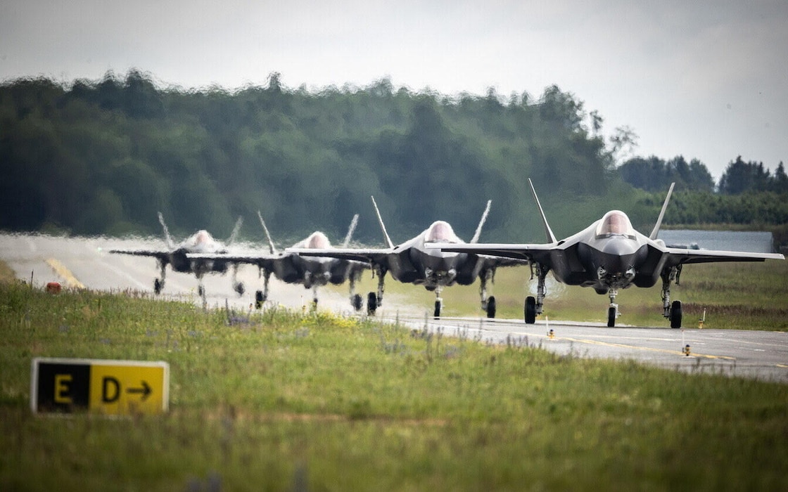 Photo of four U.S. Air Force F-35A Lightning II aircraft assigned to the Vermont Air National Guard’s 158th Fighter Wing depart Spangdahlem Air Base, Germany, to support the NATO Air Shielding mission alongside French, British, Estonian, and Belgium allies at Amari Air Base, Estonia, July 6, 2022.