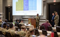 Joint Task Force Civil Support commanding general, U.S. Army Maj. Gen. Jeff Van speaks to local, state, federal, academic, U.S. military, private sector and international homeland defense and defense support of civil authority partners in Philadelphia, during the Task Force 46 Multi-Domain Operations Dense Urban Terrain Exercise 2022, July 26, 2022.