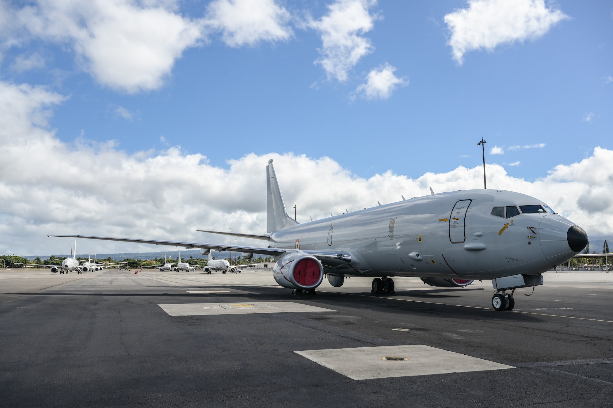 An Indian Navy P-8 Poseidon is positioned in a parking spot during Rim of the Pacific Exercise 2022 at Joint Base Pearl Harbor-Hickam, Hawaii, June 25, 2022. More than 30 nations are participating in this year’s biennial exercise, which is the world’s largest international maritime exercise. (U.S. Air Force photo by Staff Sgt. Alan Ricker)