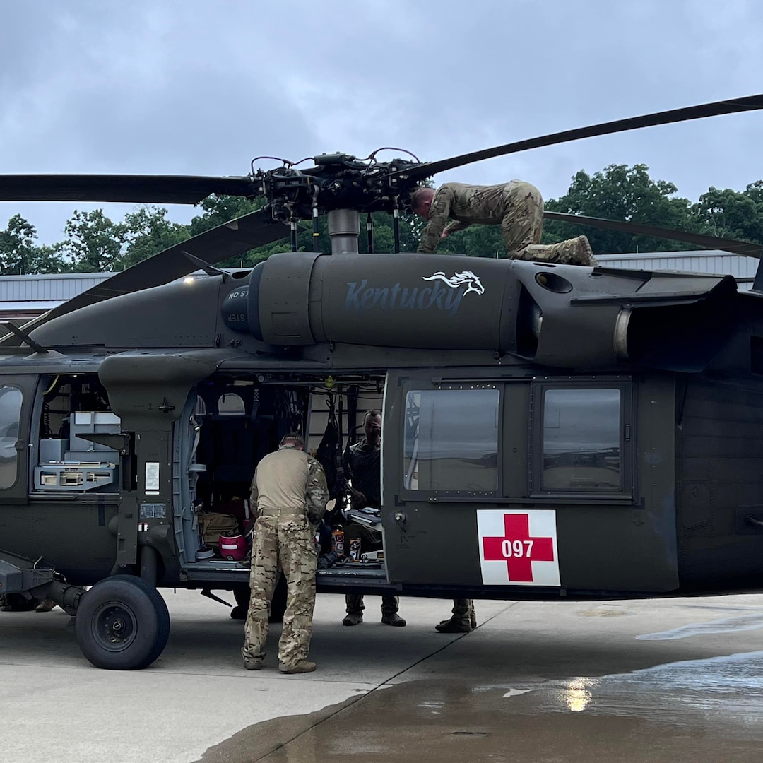 Two Kentucky National Guard medevac crews from DET 1 C/2-238th AVN - Wildcat DUSTOFF left Frankfort July 28, 2022, to assist with rescue efforts after severe flooding in Eastern Kentucky. The Tennessee and West Virginia National Guard were also providing aviation assets.