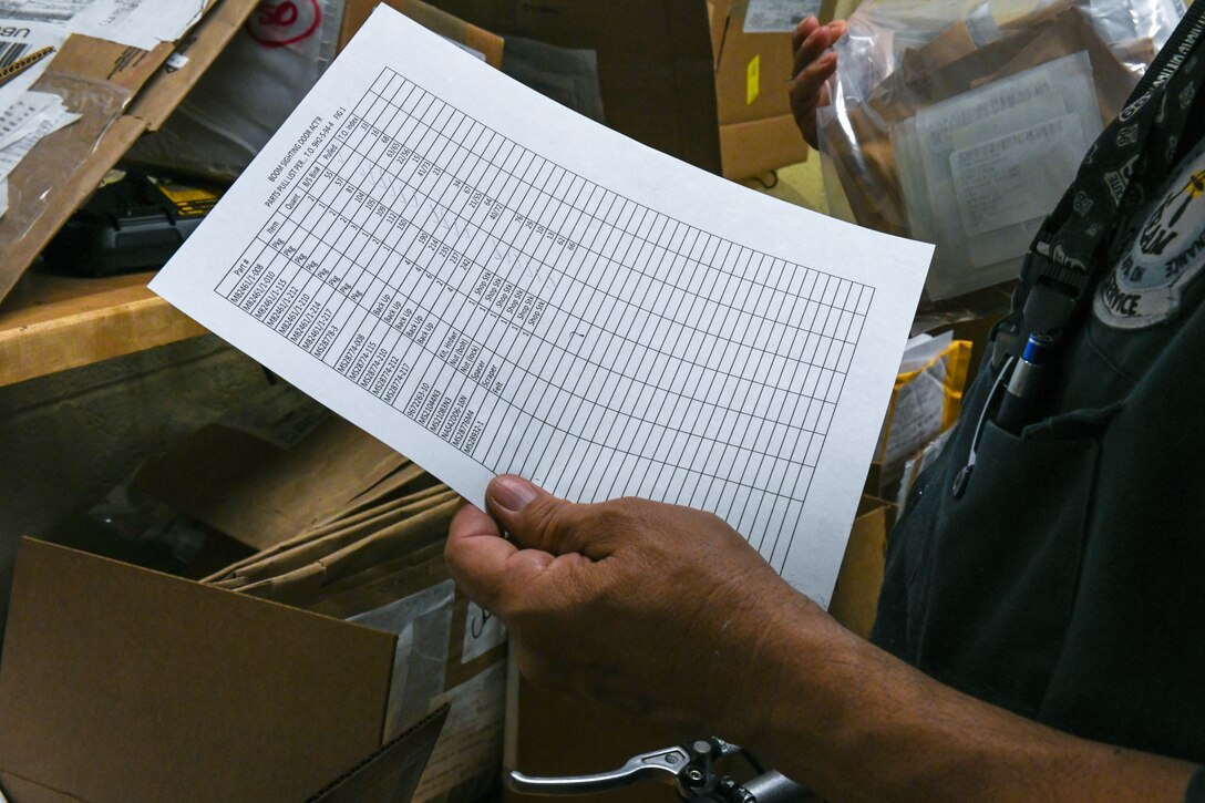 Ron Roman, 97th Maintenance Squadron (MXS) hydraulic technician, reviews a parts list for a KC-135 Globemaster hydraulic actuator at Altus Air Force Base, Oklahoma, July 27, 2022. 97th MXS technicians repair plane parts in high demand as part of the Repair Network Integration program. (U.S. Air Force photo by Airman 1st Class Miyah Gray)