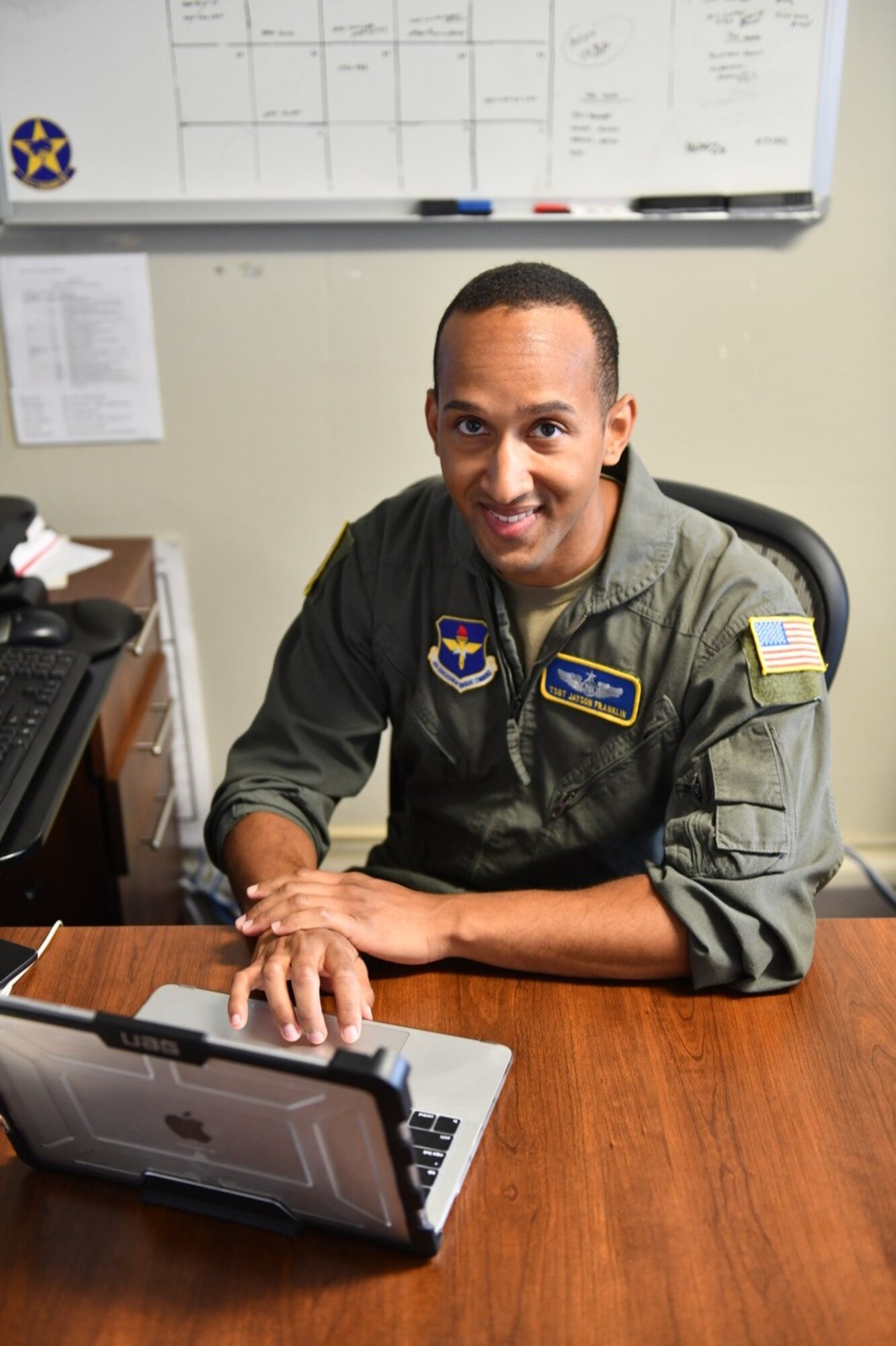 U.S. Air Force Tech. Sgt. Jayson Franklin, 311th Training Squadron Arabic academic training advisor, poses for a photo in his squadron building at Presidio of Monterey, Calif., July 20, 2022. Franklin’s efforts contribute to the academic success of 150 Airmen at any given time. (U.S. Air Force photo by Leonardo Carrillo)