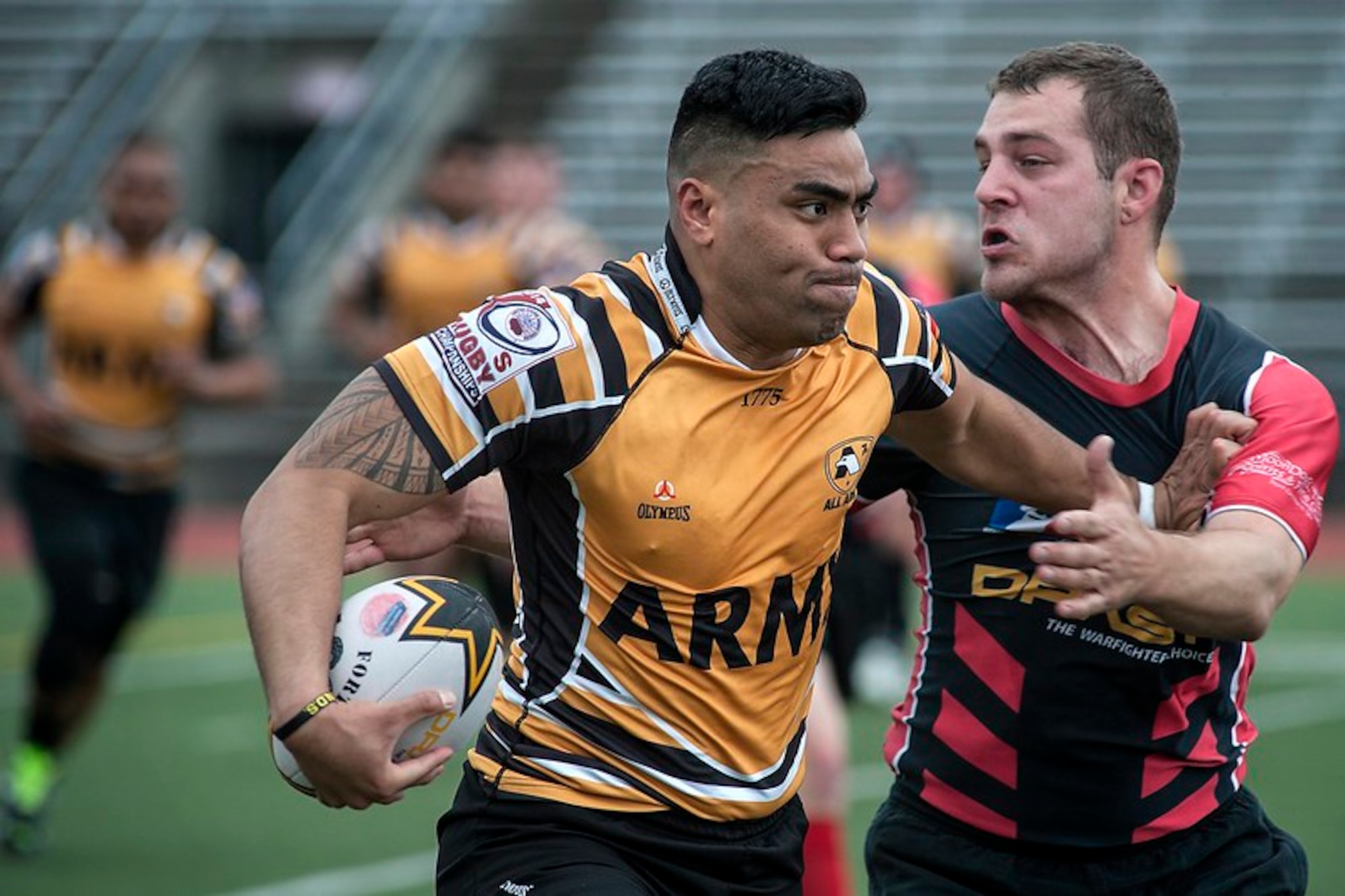 Army Rugby player in action.