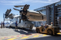 HMAS Canberra Stows an Osprey for The First Time at Sea