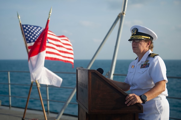 JAVA SEA (July 25, 2022) – Cmdr. Pat Coley, from Raleigh, North Carolina, command chaplain assigned to the Emory S. Land-class submarine tender USS Frank Cable (AS 40), speaks at a wreath laying ceremony while the ship transits the Java Sea, July 25, 2022. The ceremony was in honor of the 53 Indonesian National Military-Naval Force Sailors lost aboard the Indonesian Cakra-class diesel-electric attack submarine KRI Nanggala (402) that sunk, April 21, 2021, off the coast of Bali. Frank Cable is currently on patrol conducting expeditionary maintenance and logistics in the U.S. 7th Fleet area of operations in support of a free and open Indo-Pacific. (U.S. Navy photo by Mass Communication Specialist 3rd Class Wendy Arauz)