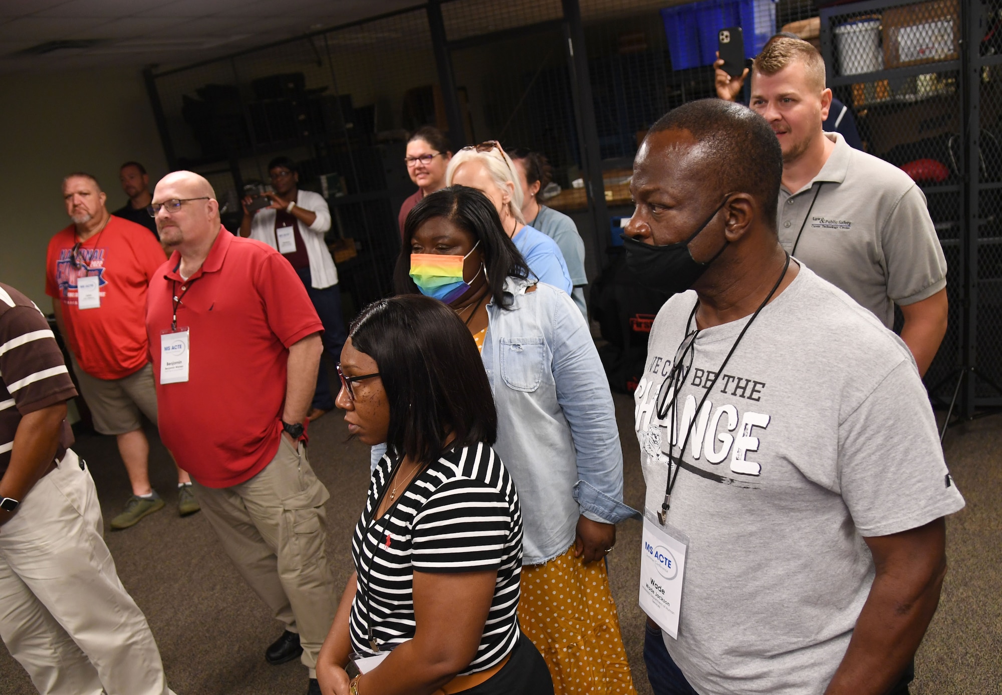 Mississippi educators attend an 81st Security Forces Squadron virtual reality training demonstration during the Mississippi Educators Tour for Law and Public Safety and Fire Science tour inside the 403rd Security Forces Squadron Combat Arms building at Keesler Air Force Base, Mississippi, July 27, 2022. More than 30 educators also toured the Keesler Fire Department and received a military working dog demonstration. (U.S. Air Force photo by Kemberly Groue)