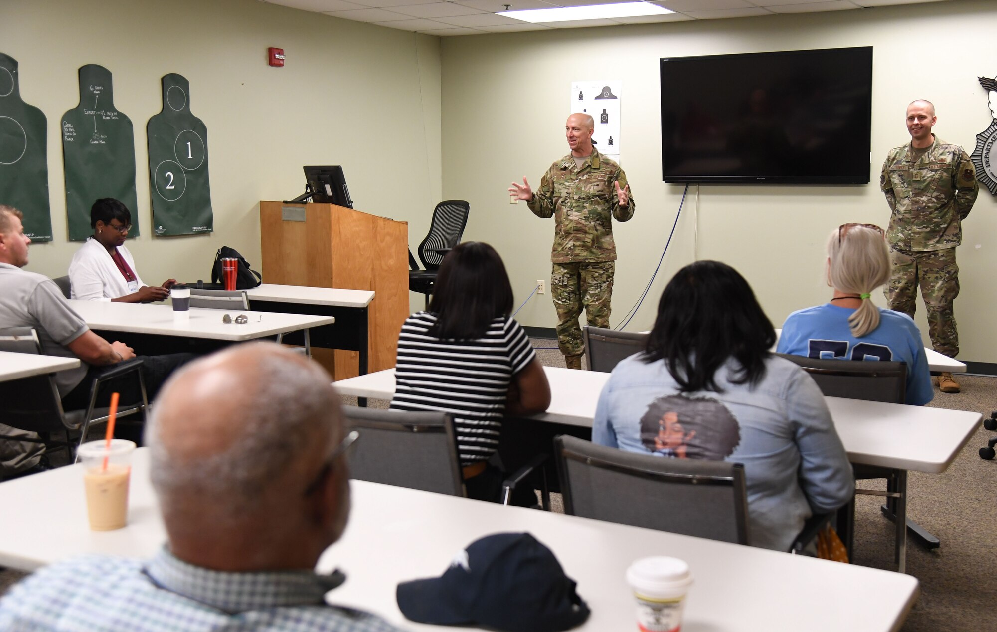 U.S. Air Force Col. William Hunter, 81st Training Wing commander, delivers welcoming remarks during the Mississippi Educators Tour for Law and Public Safety and Fire Science tour inside the 403rd Security Forces Squadron Combat Arms building at Keesler Air Force Base, Mississippi, July 27, 2022. More than 30 educators also toured the Keesler Fire Department and received a military working dog demonstration. (U.S. Air Force photo by Kemberly Groue)
