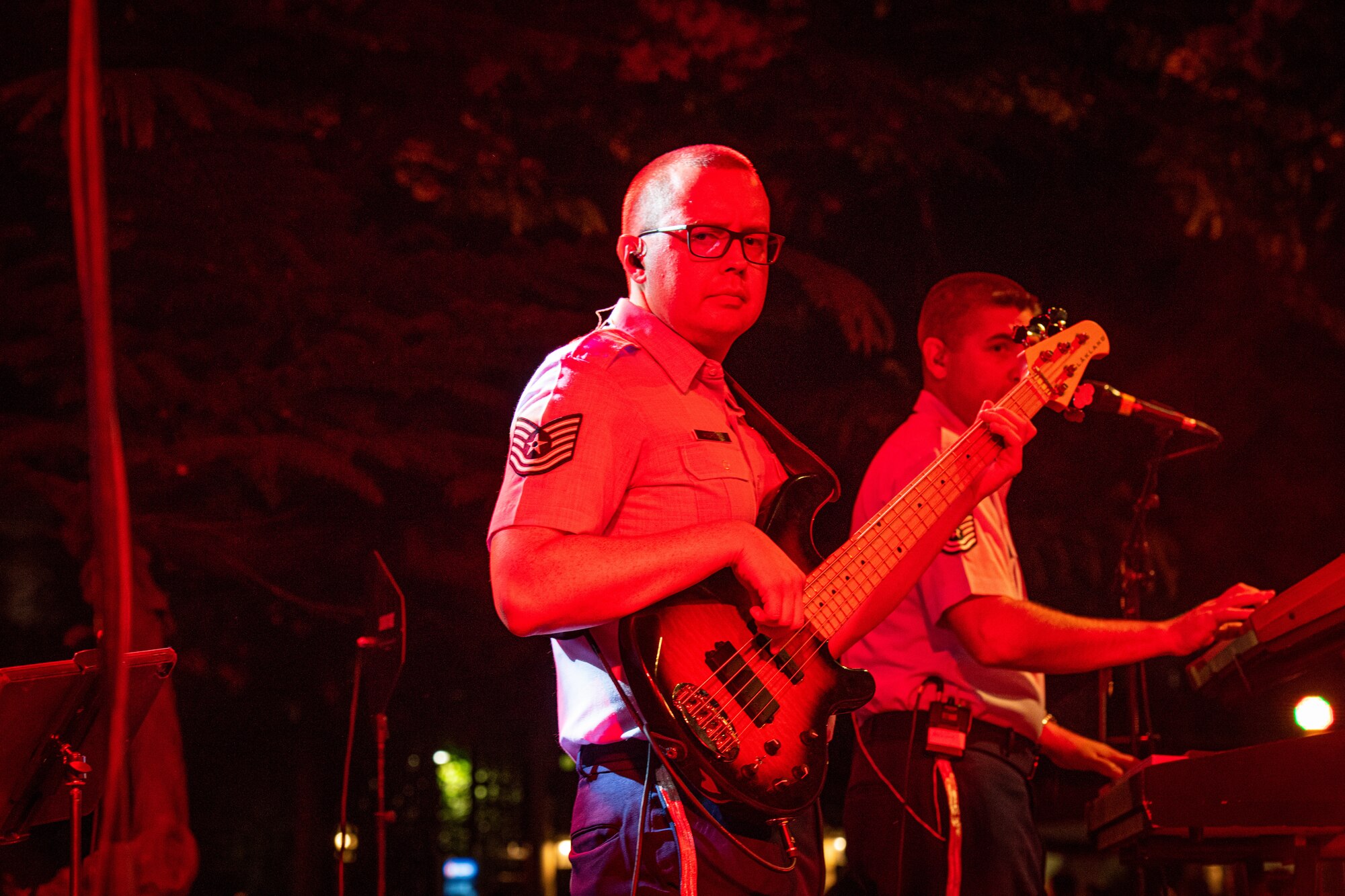 U.S. Air Force Tech. Sgt. Jared Andrews, Air Forces Central Band bassist, plays a solo at the U.S. Embassy-Egypt Independence Day celebration in Cairo, Egypt, July 20, 2022.