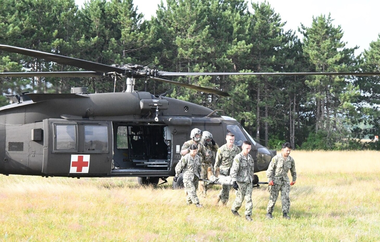 Roughly 60 Navy hospital corpsmen participated in Operation Commanding Force, the annual two-week training exercise, at Fort Drum. The culminating event on July 21 included practicing tactical field care and medical evacuation procedures with reservists going through a litter obstacle course. The training was supported by cadre from the Bridgewater-Vaccaro Medical Simulation Training Center (MSTC), the 10th Combat Aviation Brigade’s 3rd General Support Aviation Battalion (DUSTOFF) and medics from 1st Brigade Combat Team and 2nd Brigade Combat Team. (Photo by Mike Strasser, Fort Drum Garrison Public Affairs) (Photo Credit: Michael Strasser)