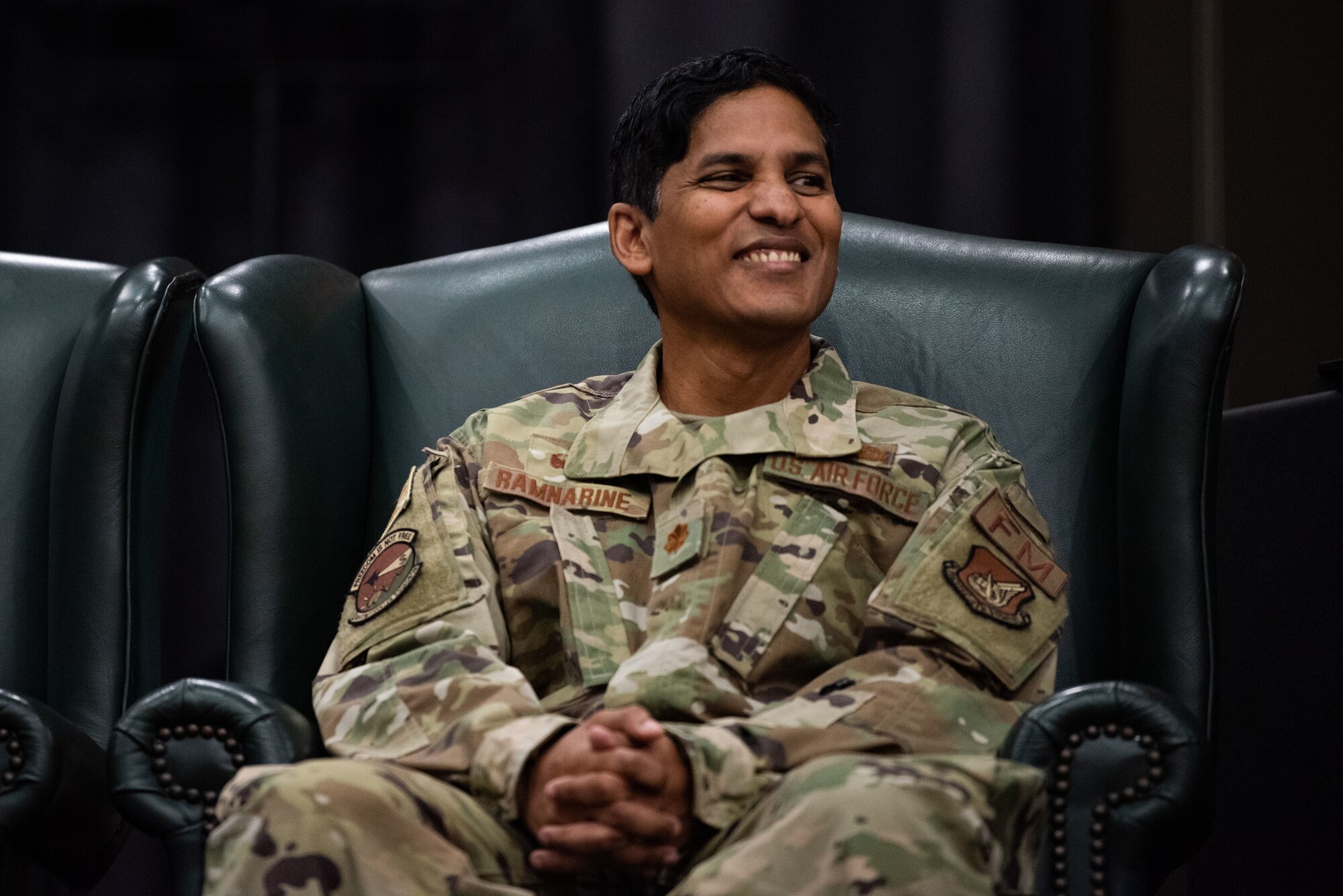Maj. Brett Ramnarine, 51st Comptroller Squadron incoming commander, smiles during opening remarks during the squadron’s assumption of command at Osan Air Base, Republic of Korea, July 29, 2022.