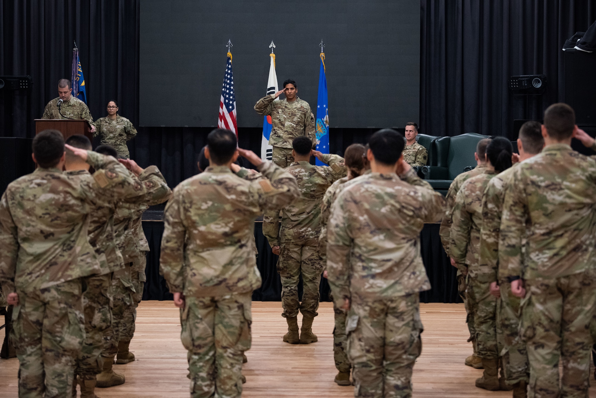 Maj. Brett Ramnarine, 51st Comptroller Squadron newly appointed commander, receives his first salute as commander during the squadron’s assumption of command ceremony at Osan Air Base, Republic of Korea, July 29, 2022.