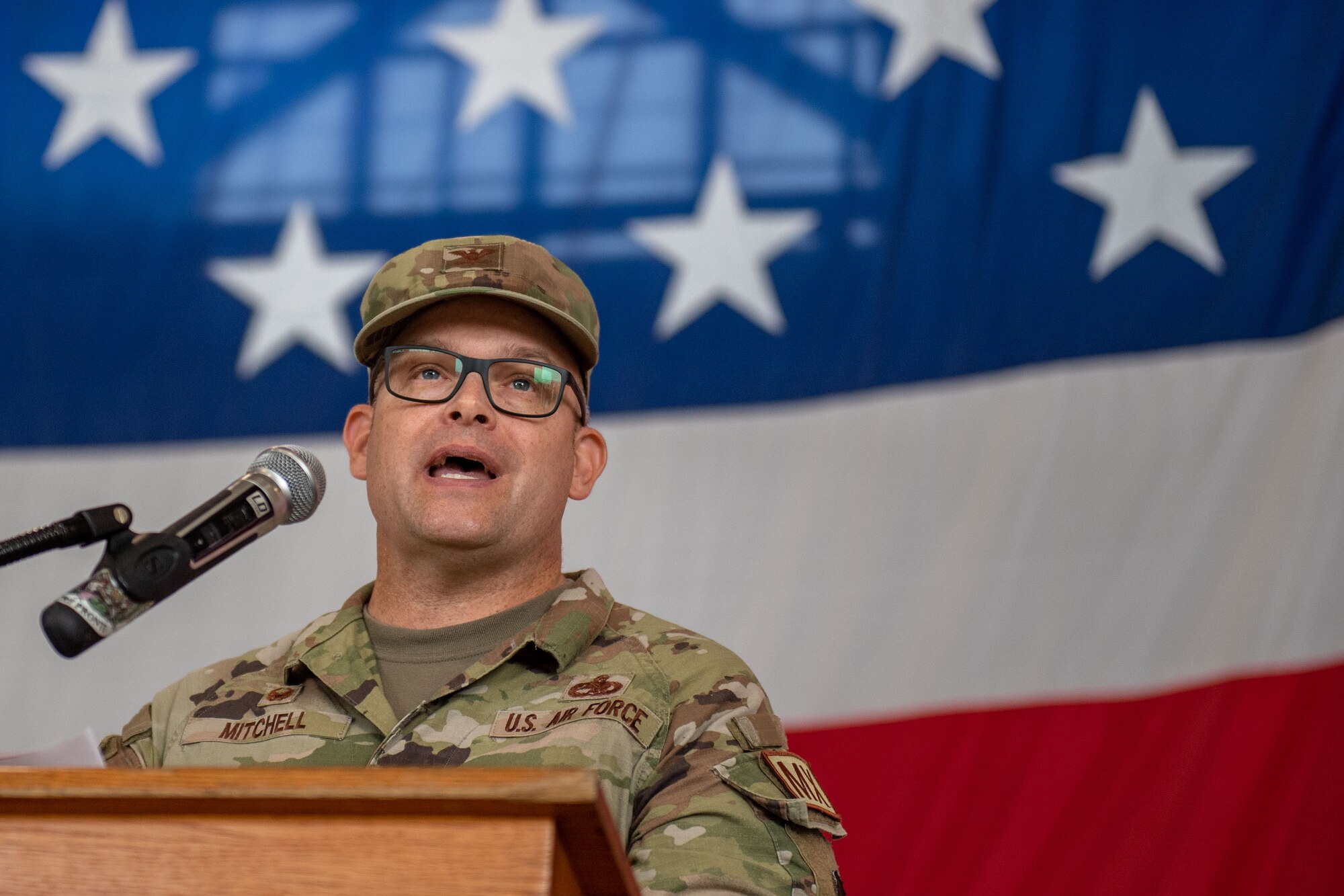 U.S. Air Force Col. Jason Mitchell, 31st Maintenance Group commander, gives his opening remarks during the 31st MXG Reorganization Ceremony