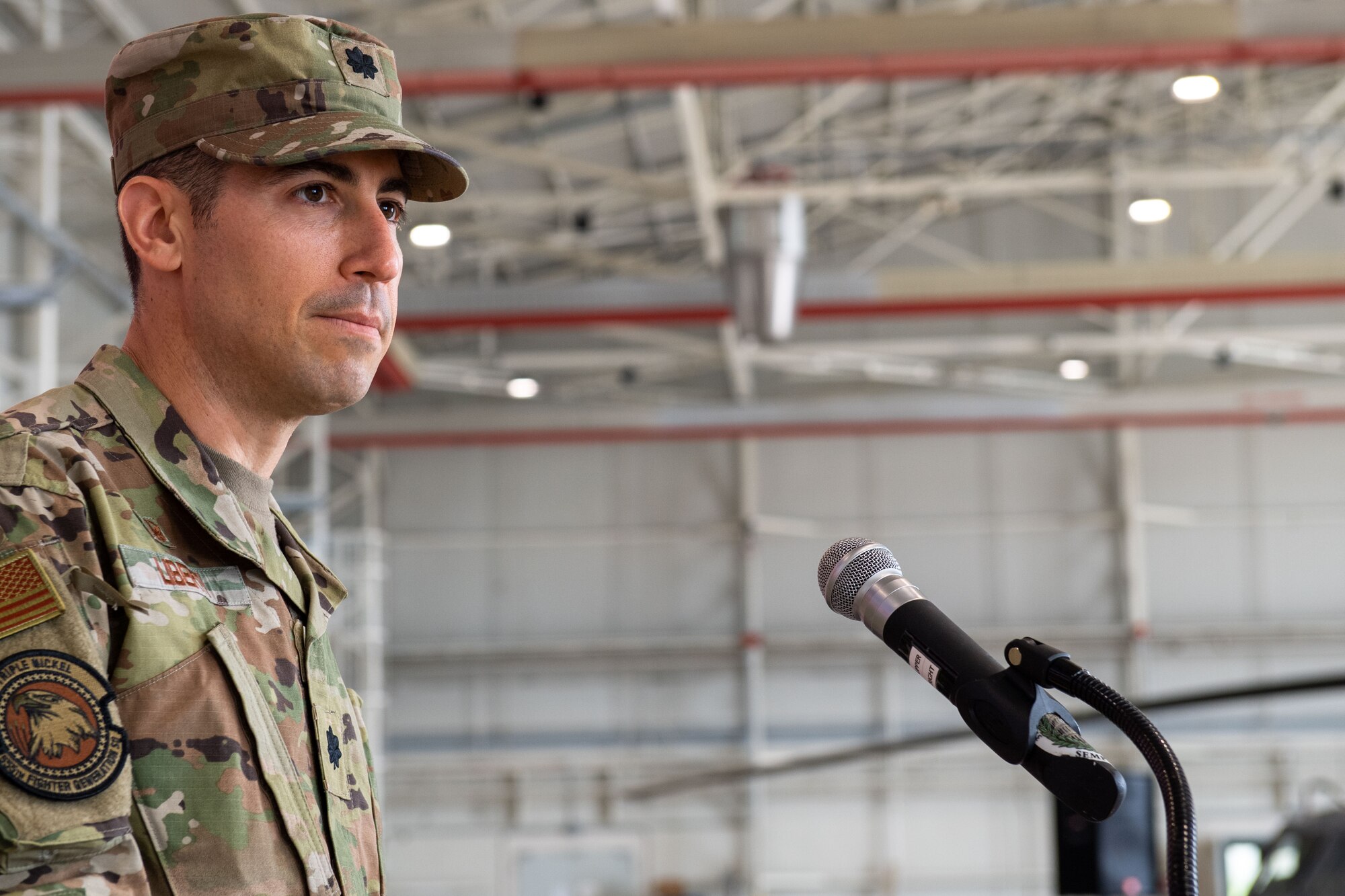 U.S. Air Force Lt. Col. David Liberti, 555th Fighter Generation Squadron incoming commander, gives his first remarks as incoming commander