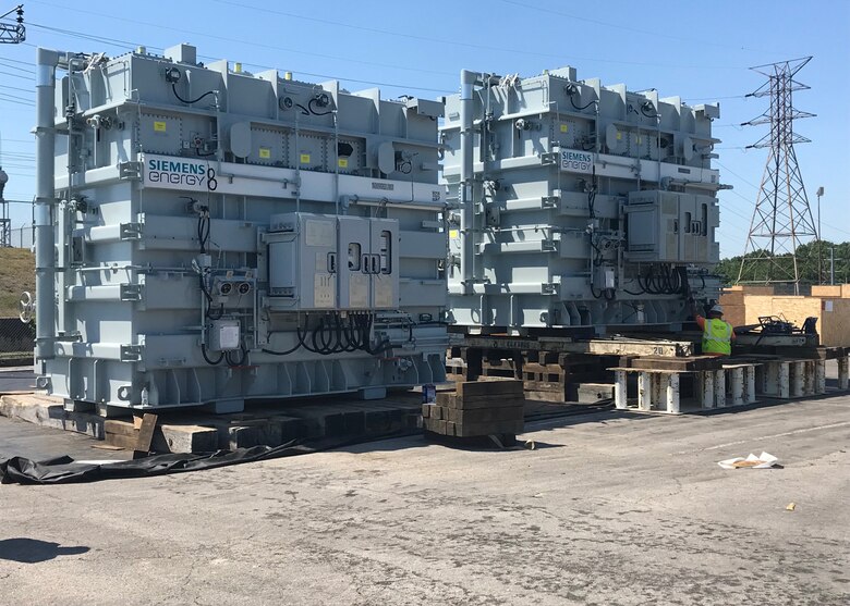 An engineer looks over the newly delivered Generator Step-up Unit Transformers at the Old Hickory Power Plant in Hendersonville, Tennessee on June 20, 2022.