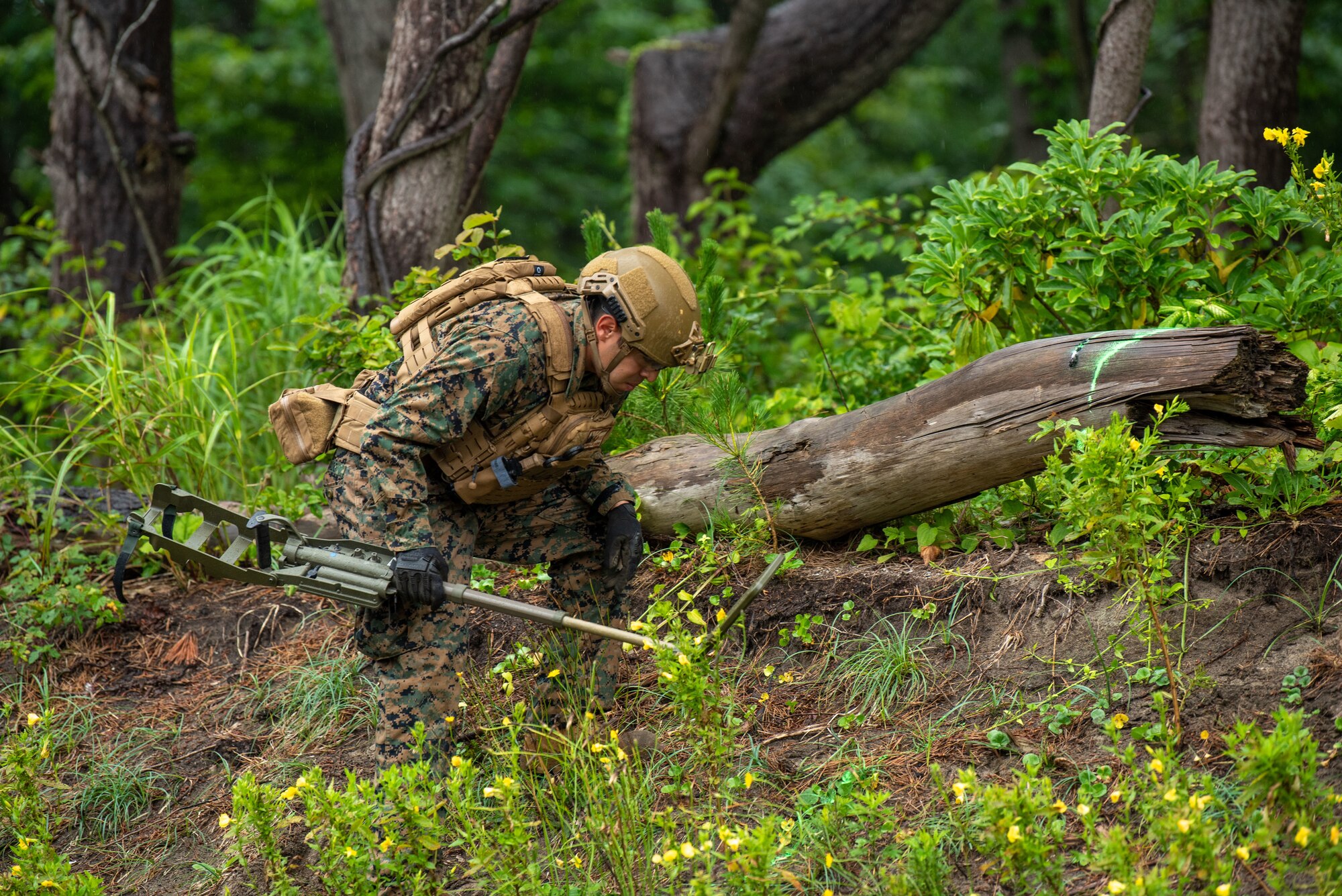 U.S. military member in tactical gear holds a metal detector.