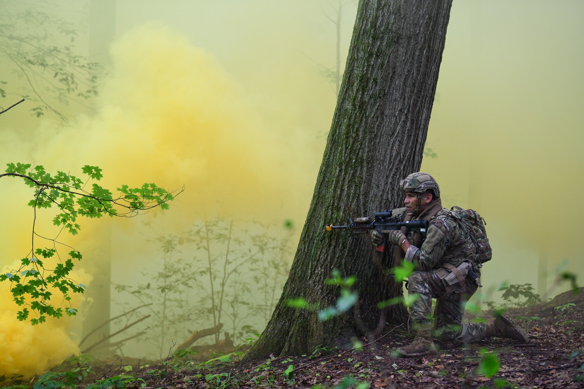Master Sgt. Daniel Zamora, and Integrated Defense Leadership Course student assigned to the 307th Security Forces Squadron, Barksdale Air Force Base, Louisiana, watches for movement during a static defense exercise at Camp James A. Garfield Joint Military Training Center, Ohio, July 27, 2022.
