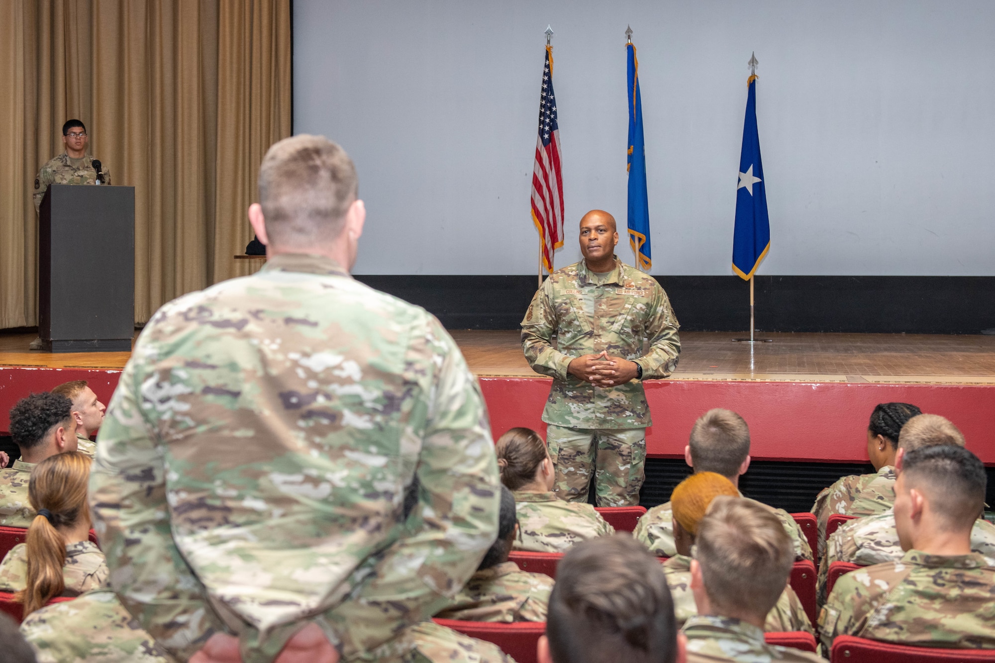 Brig. Gen. Roy W. Collins, Director of Security Forces, deputy chief of staff for logistics, engineering and force protection, headquarters U.S. Air Force takes questions after presenting the 28th Security Forces Squadron the 2021 Air Force Best Medium Security Forces Unit award at Ellsworth Air Force Base, S.D., July 27, 2022.