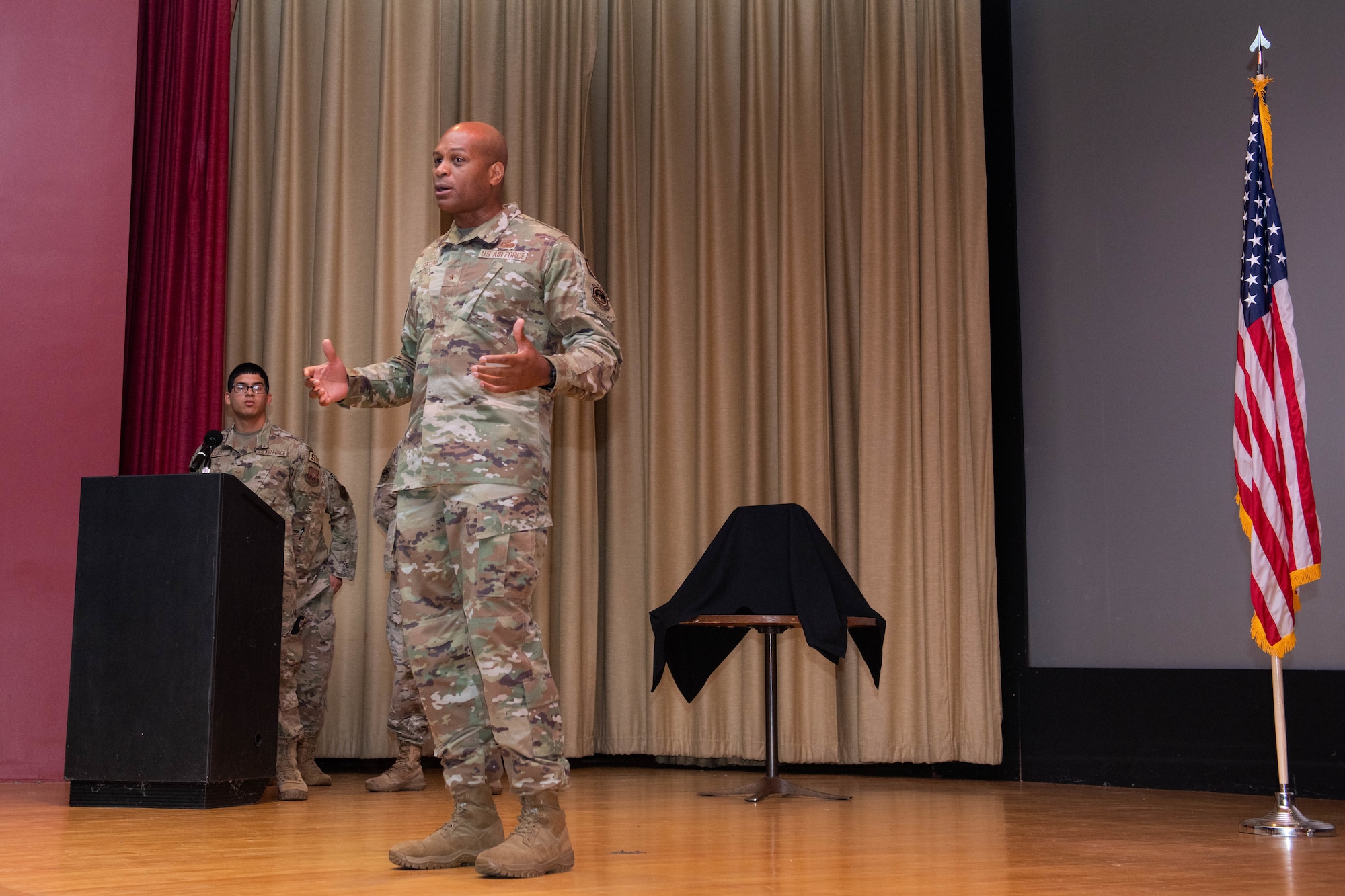 Brig. Gen. Roy W. Collins, Director of Security Forces, deputy chief of staff for logistics, engineering and force protection, headquarters U.S. Air Force gives a speech at Ellsworth Air Force Base, S.D., July 27, 2022.