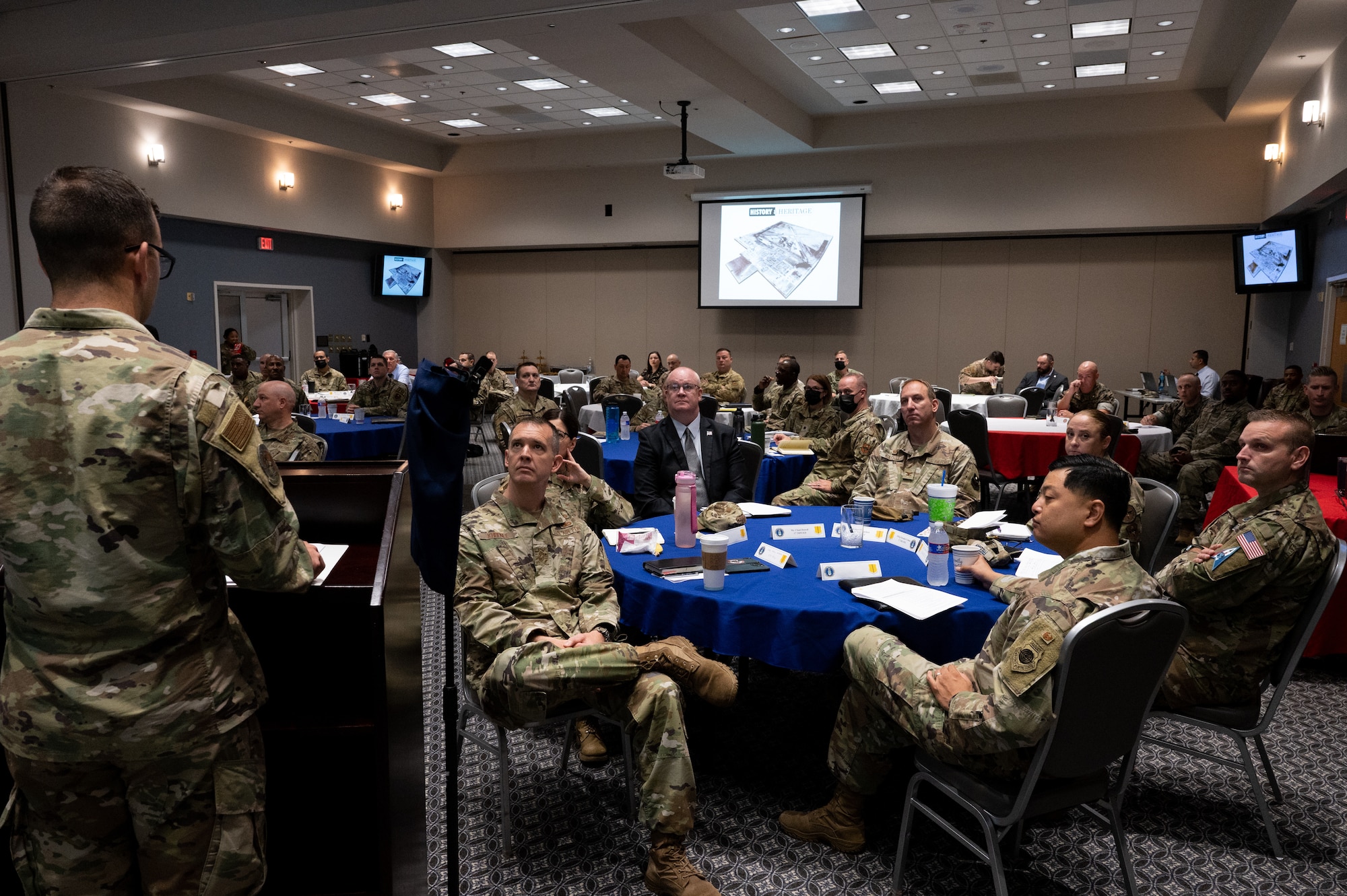 U.S. Air Force 2nd Lt. Steve Garrett, 17th Training Wing public affairs officer, delivers a 17th TRW mission brief, during the Senior Leadership Summit at the Powell Event Center, Goodfellow Air Force Base, Texas, July 26, 2022. The 17th Training Wing’s mission is to train, transform, and empower joint and coalition warriors. (U.S. Air Force photo by Senior Airman Michael Bowman)