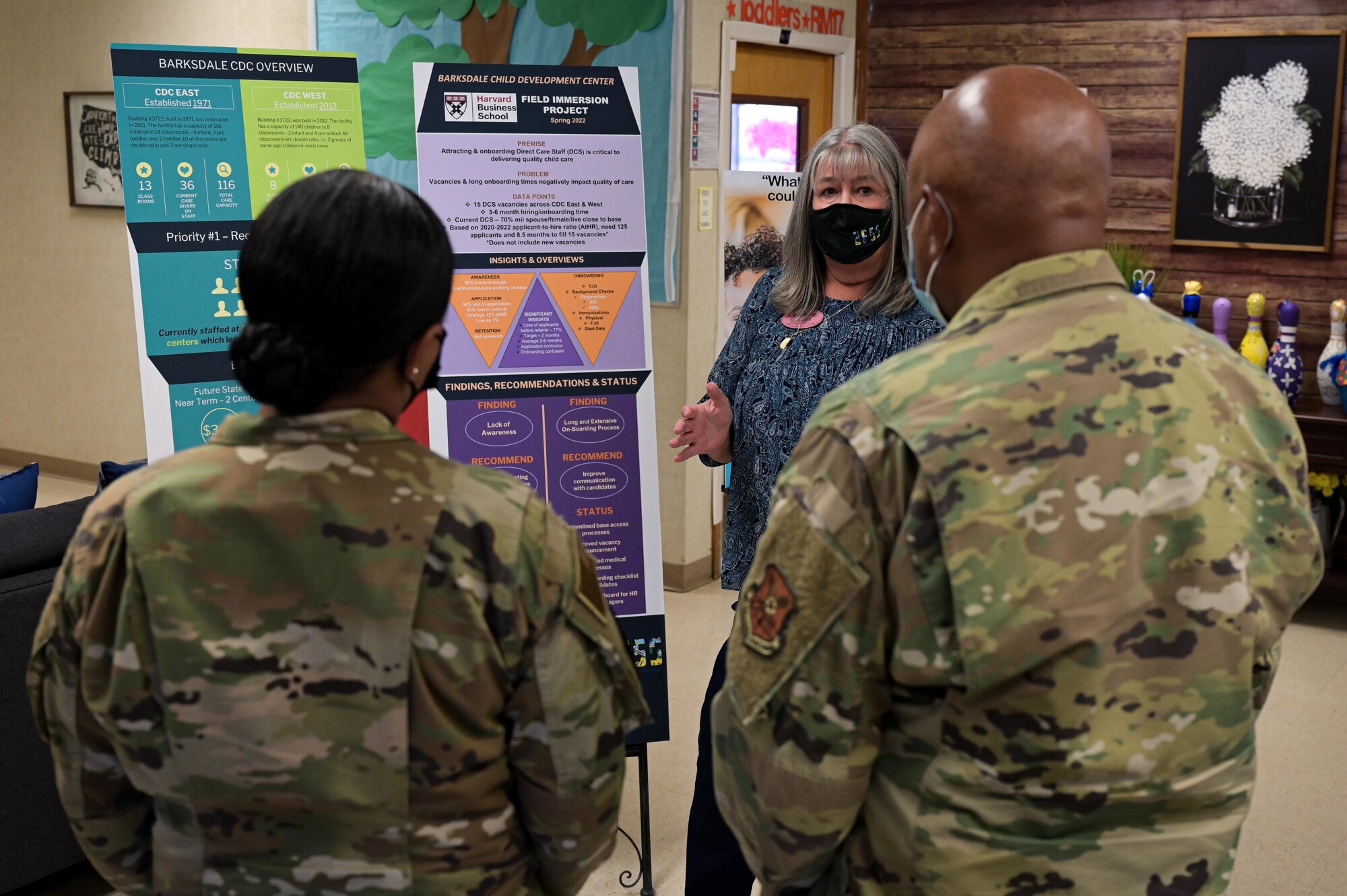 Mrs. Ruth Radliff, Child Development Center director, briefs Gen. Anthony Cotton, Air Force Global Strike Command commander, and Chief Master Sgt. Melvina Smith, AFGSC command chief, during a visit at Barksdale Air Force Base, Louisiana, July 8, 2022. The CDC provides child care to service members' children in support of Barksdale's mission. (U.S. Air Force photo by Senior Airman Jonathan E. Ramos)