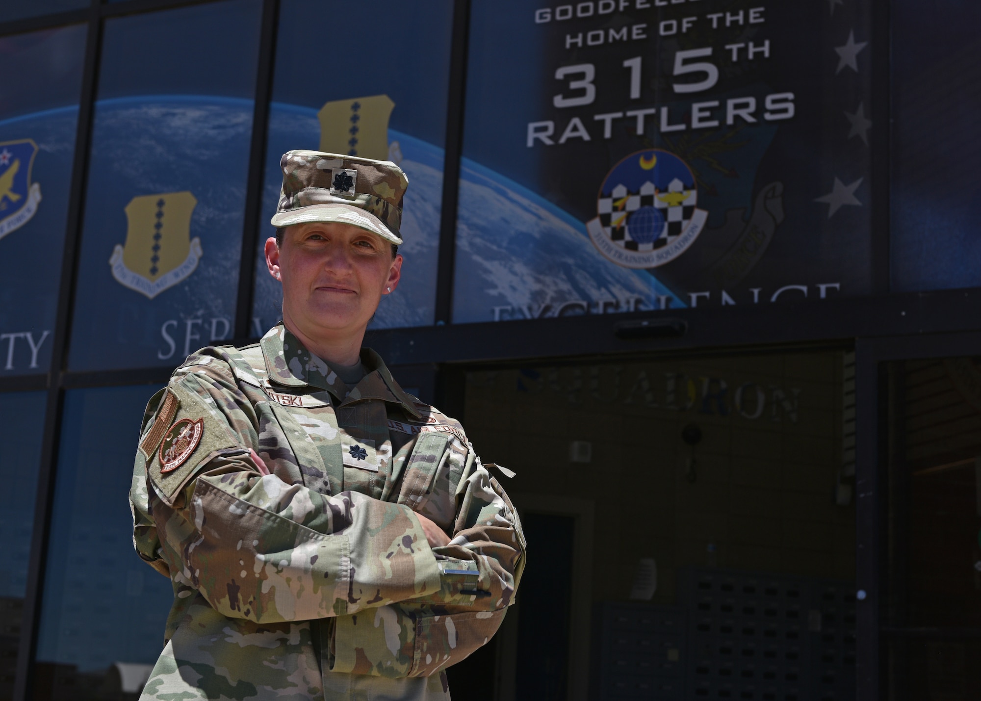 U.S. Air Force Lt. Col. Liane Zivitski, 315th Training Squadron commander, poses for a photo in front of the 315th TRS building at Goodfellow Air Force Base, Texas, July 25, 2022. Zivitski took command of the 315th TRS on June 10. (U.S. Air Force photo by Senior Airman Ashley Thrash)