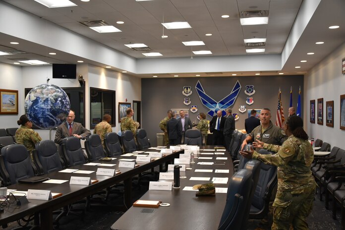 Air Force Sustainment Center Command Team Members and Senior Leaders attend the Space Executive Course, presented by the National Security Space Institute, at AFSC Headquarters, Tinker Air Force Base, Okla., here, July 14, 2022. The SEC is a two-day course that provides senior members of the DOD, other U.S. government agencies, and allied nations with an overview of the U.S. Space Force at the executive level.