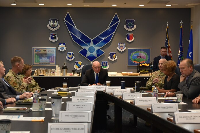 Air Force Sustainment Center Command Team Members and Senior Leaders attend the Space Executive Course, presented by the National Security Space Institute, at AFSC Headquarters, Tinker Air Force Base, Okla., here, July 14, 2022. The SEC is a two-day course that provides senior members of the DOD, other U.S. government agencies, and allied nations with an overview of the U.S. Space Force at the executive level.