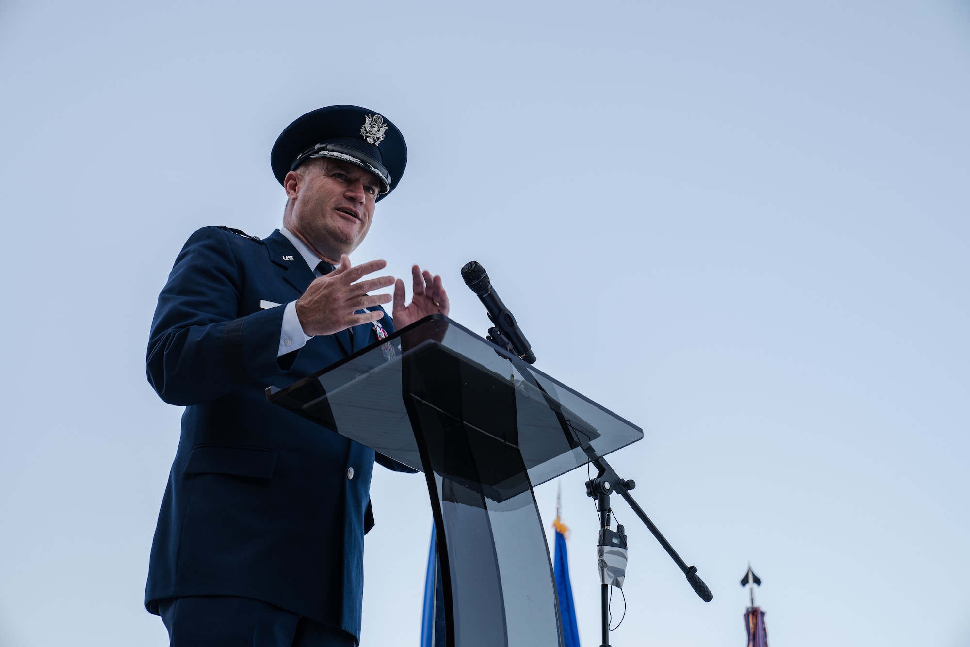 U.S. Air Force Maj. Gen. Kenneth Bibb Jr., 18th Air Force commander, speaks during the 6th Air Refueling Wing change of command ceremony at MacDill Air Force Base, Florida, July 29, 2022.