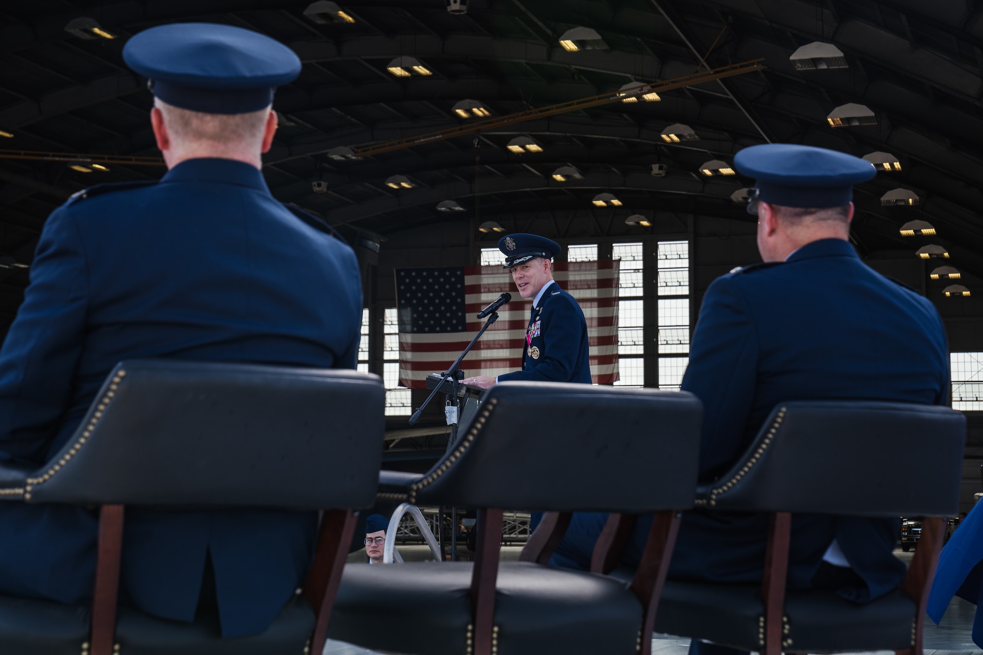 U.S. Air Force Col. Benjamin Jonsson, former 6th Air Refueling Wing commander, speaks during the 6th ARW change of command ceremony at MacDill Air Force Base, Florida, July 29, 2022.