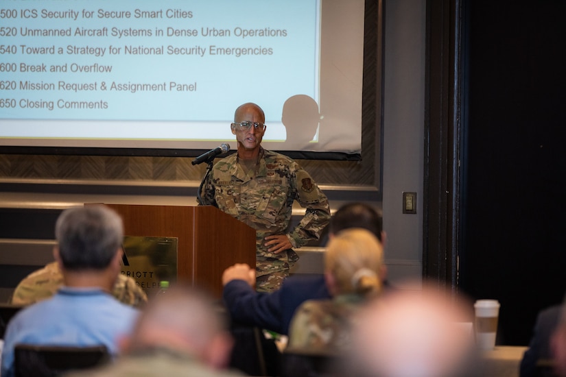 Brig. Gen. Terrence Koudelka, director of the joint staff, Pennsylvania National Guard, speaks during an academics session that was part of a Dense Urban Terrain exercise recently in Philadelphia. The exercise, which ran from July 25 to 29, was conducted by Task Force 46, a 600-personnel chemical, biological, radiological or nuclear (CBRN) response element, comprised of National Guard units from states across the country.