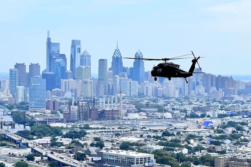 A UH-60 Black Hawk helicopter from the Pennsylvania National Guard’s 28th Expeditionary Combat Aviation Brigade flies over Philadelphia during a recent Dense Urban Terrain exercise. The exercise, which ran from July 25 to 29, was conducted by Task Force 46, a 600-personnel chemical, biological, radiological or nuclear (CBRN) response element, comprised of National Guard units from states across the country.