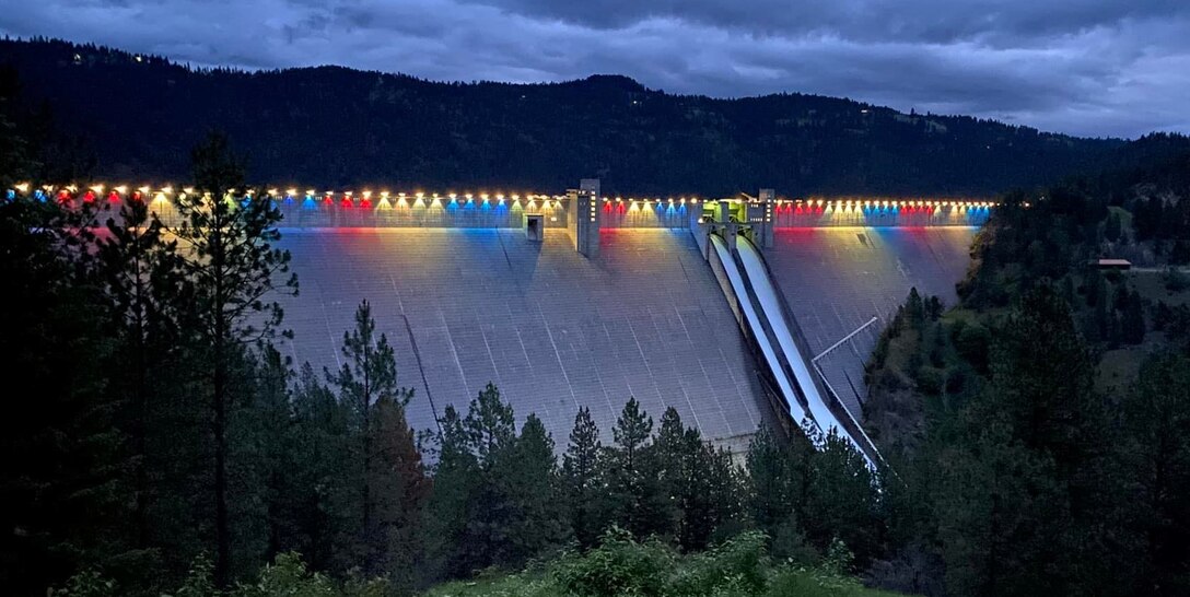 Red, white and blue lights displayed at the Dworshak Dam in honor and memory of Eric Engle.