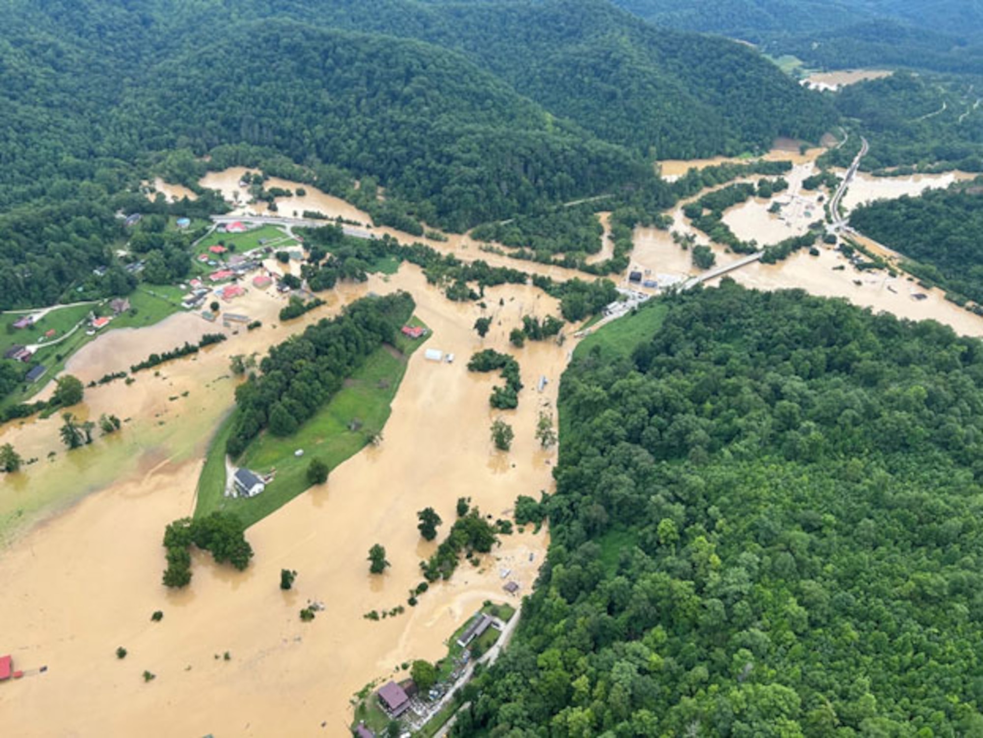 An aerial view of flash flooding in eastern Kentucky taken by Tennessee Army National Guard aircrew in a Black Hawk helicopter July 28, 2022. The Tennessee Guard sent five helicopters and crew to assist with rescue efforts.