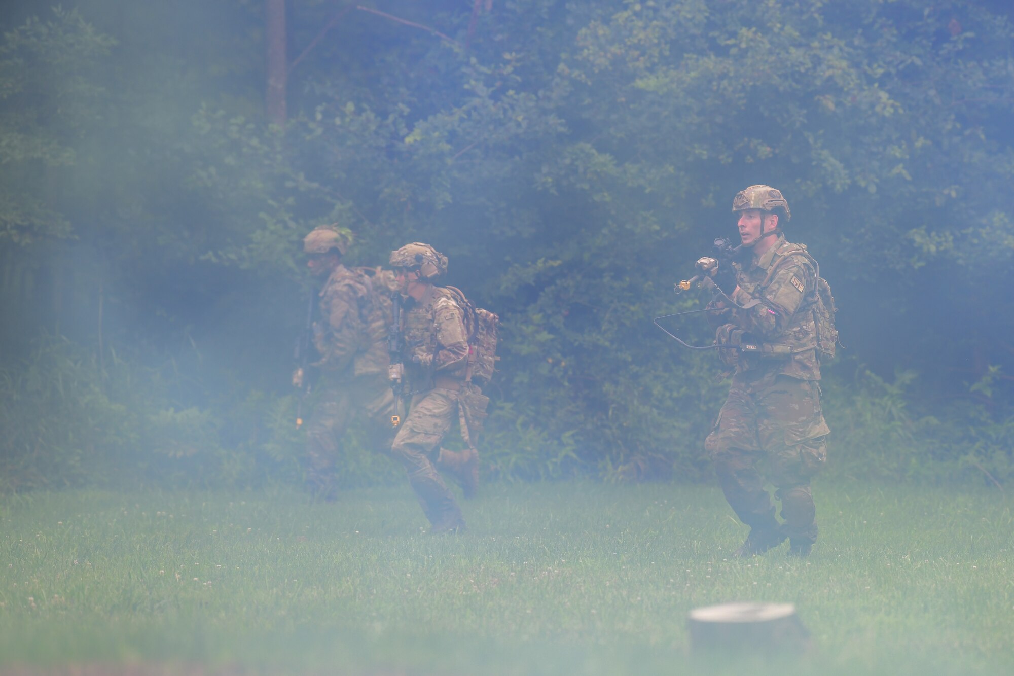 A team of Integrated Defense Leadership Course students assigned to the 927th Security Forces Squadron, MacDill Air Force Base, Florida, move on an opposing force location during an area security operations exercise at Camp James A. Garfield Joint Military Training Center, Ohio, July 27, 2022.