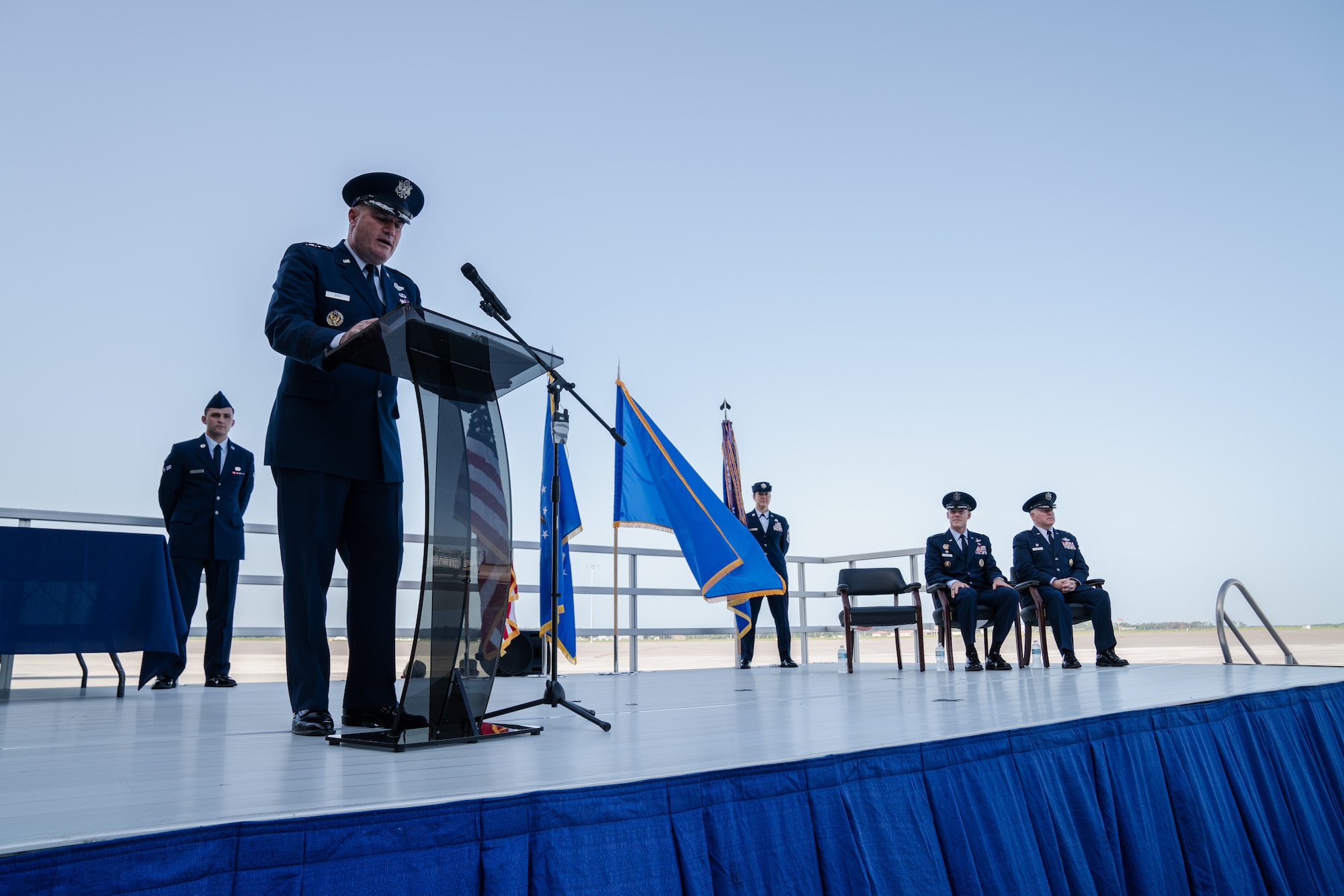 U.S. Air Force Maj. Gen. Kenneth Bibb Jr., 18th Air Force commander, speaks during the 6th Air Refueling Wing change of command ceremony at MacDill Air Force Base, Florida, July 29, 2022.