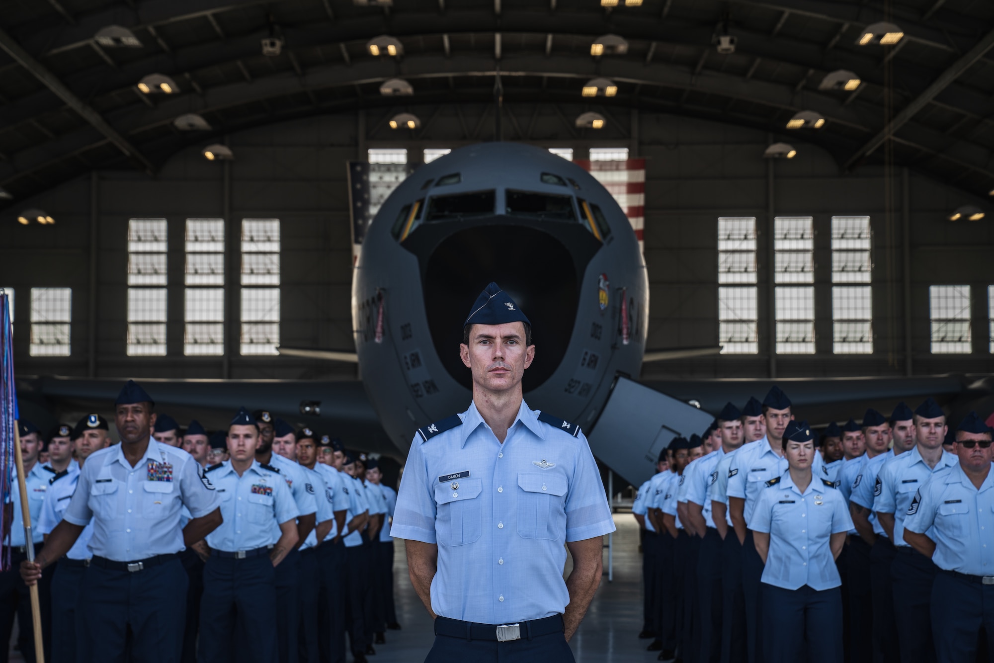 Airmen assigned to the 6th Air Refueling Wing stand in formation during a wing change of command ceremony at MacDill Air Force Base, Florida, July 29, 2022.