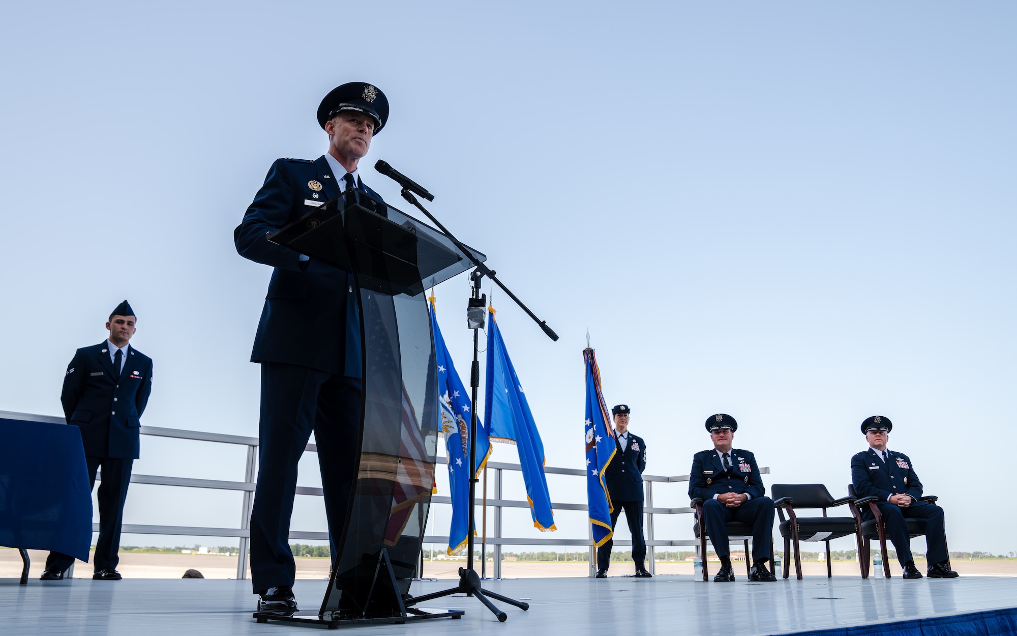 U.S. Air Force Col. Benjamin Jonsson, former 6th Air Refueling Wing commander, speaks during the 6th ARW change of command ceremony at MacDill Air Force Base, Florida, July 29, 2022.