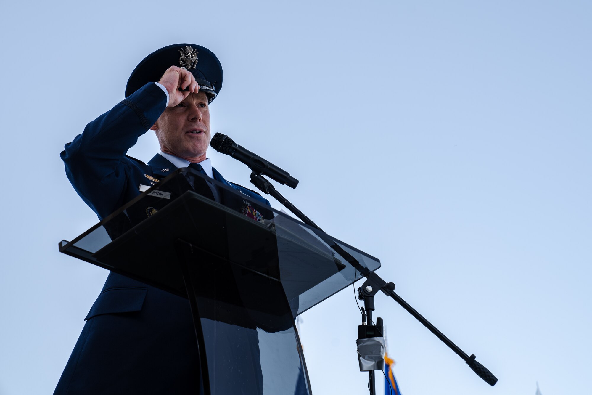 U.S. Air Force Col. Benjamin Jonsson, former 6th Air Refueling Wing commander, speaks during the 6th ARW change of command ceremony at MacDill Air Force Base, Florida, July 29, 2022.