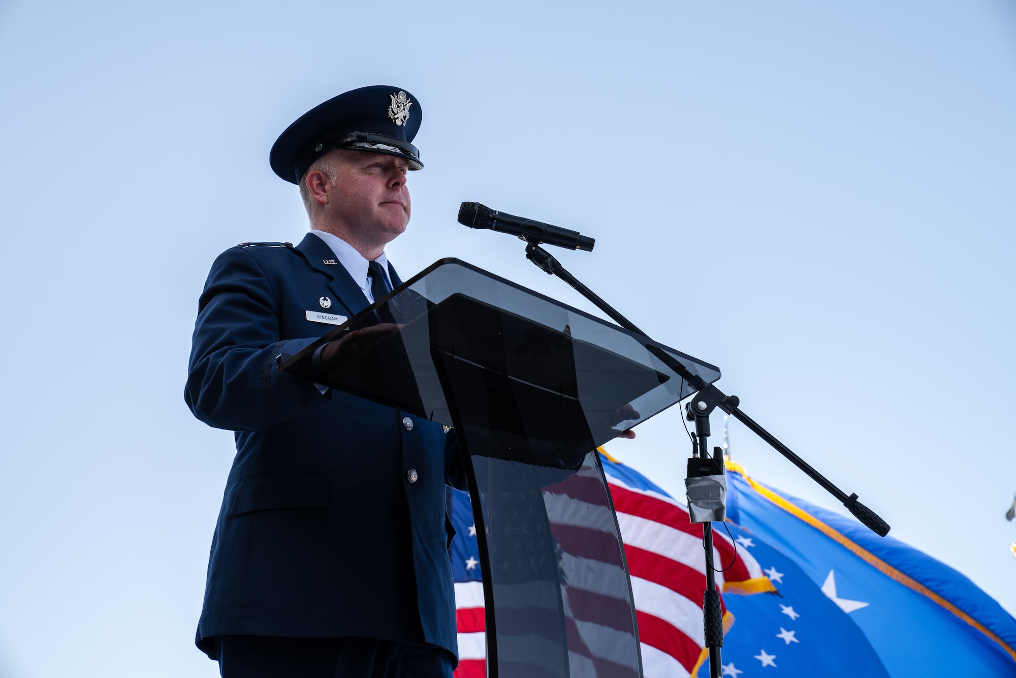 U.S. Air Force Col. Adam Bingham, 6th Air Refueling Wing commander, speaks during the 6th ARW change of command ceremony at MacDill Air Force Base, Florida, July 29, 2022.