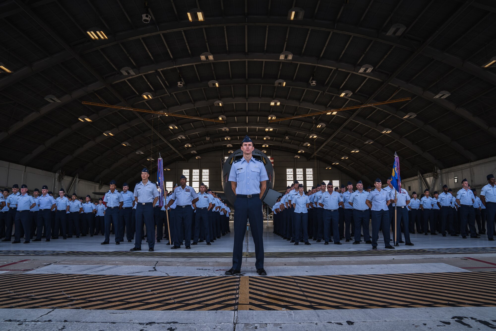Airmen assigned to the 6th Air Refueling Wing stand in formation during a wing change of command ceremony at MacDill Air Force Base, Florida, July 29, 2022.