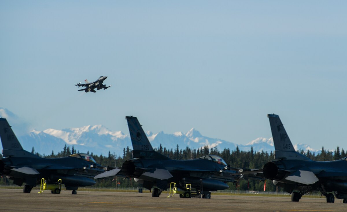 A U.S. Air Force F-16 Fighting Falcon assigned to the 13th Fighter Squadron, Misawa Air Base, Japan, takes off during Red Flag-Alaska 22-3 at Eielson Air Force Base, Alaska, July 29, 2022.