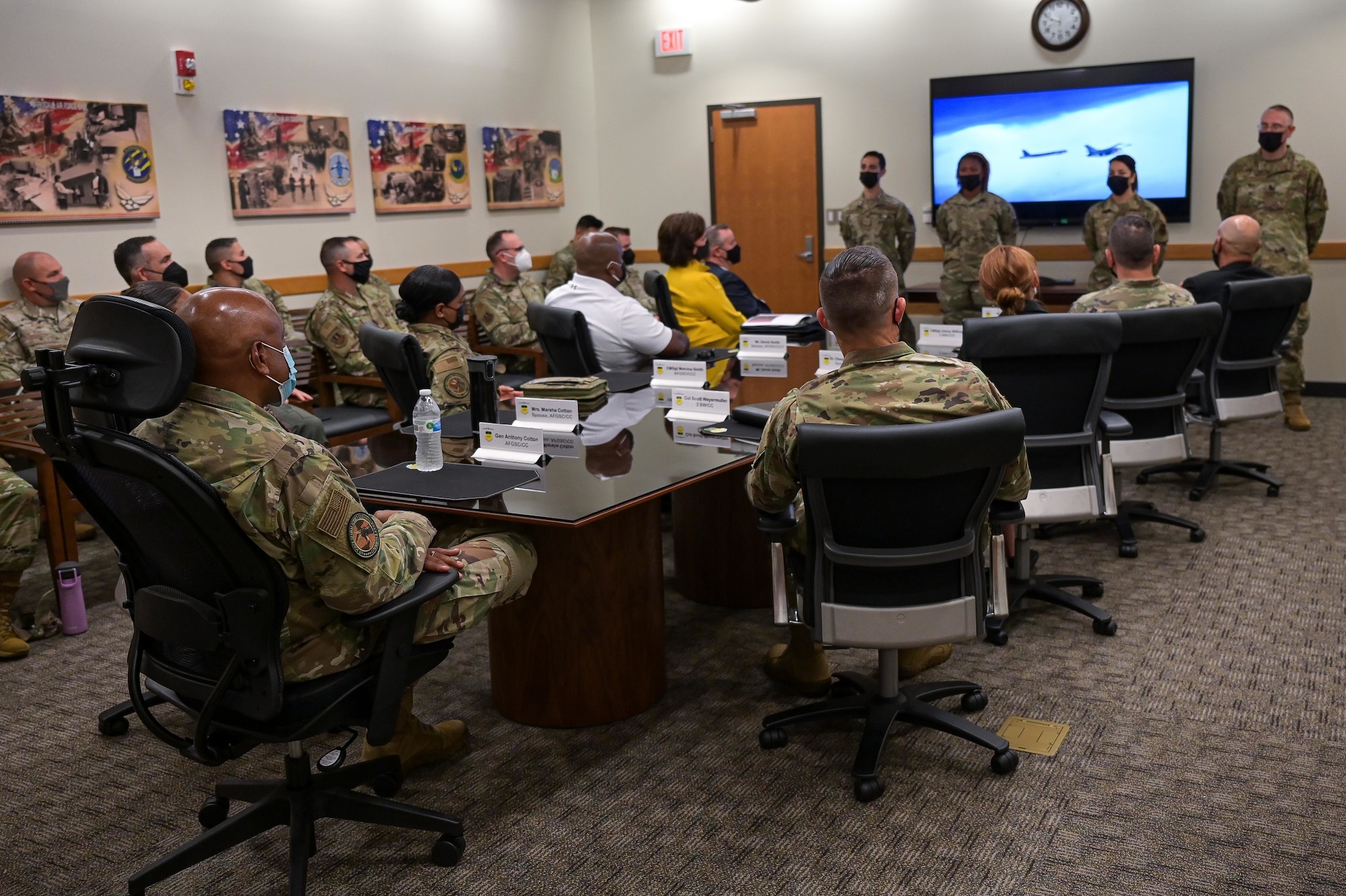 Gen. Anthony Cotton, Air Force Global Strike Command commander, and 2nd Bomb Wing leaders listen to Barksdale’s Best during a visit at Barksdale Air Force Base, Louisiana, July 8, 2022. Barksdale’s Best is a group of diverse Airmen who share the base’s history, mission and culture with distinguished visitors. (U.S. Air Force photo by Senior Airman Jonathan E. Ramos)