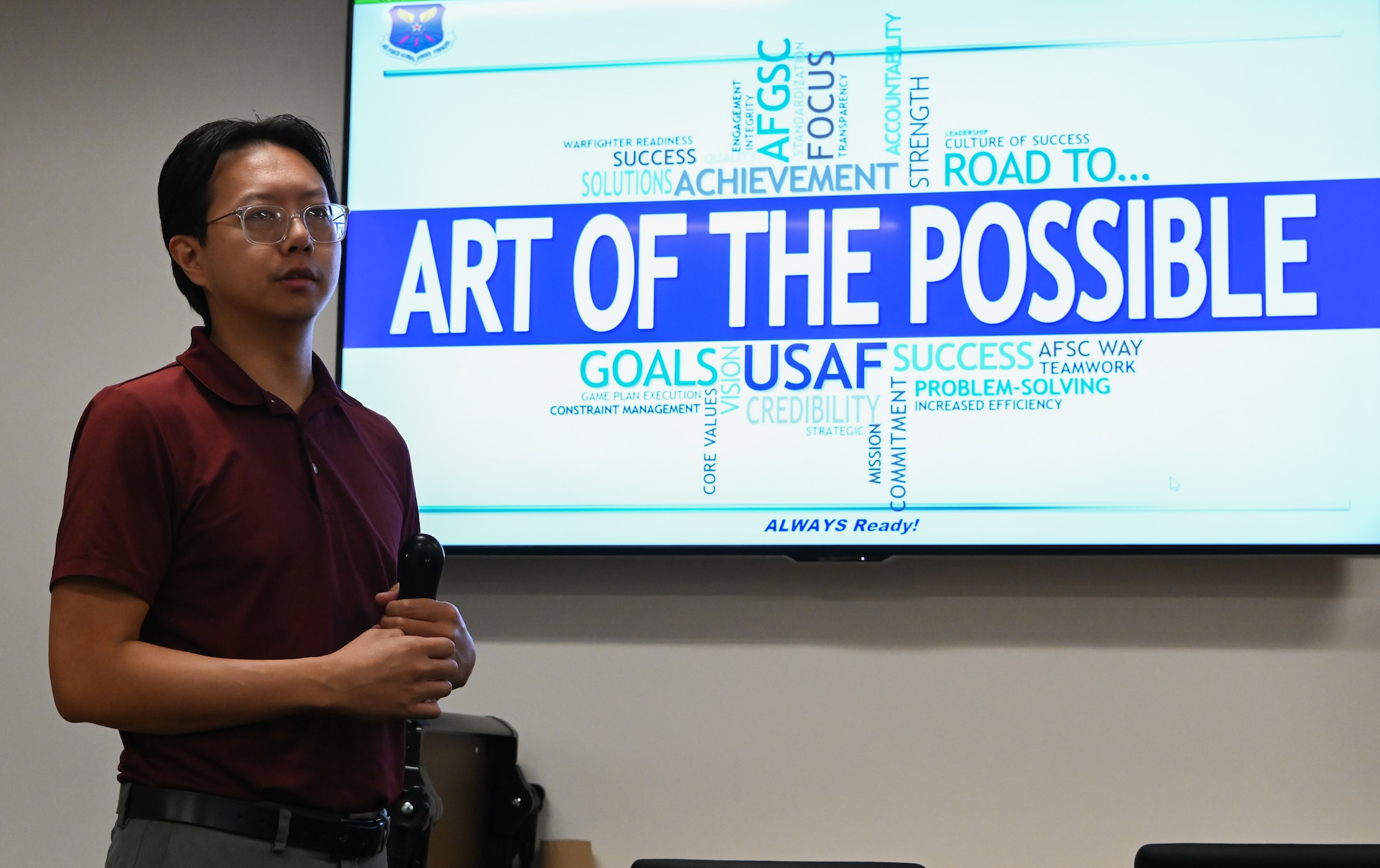 William Tsao, the lead on Art of the Possible, holds an AOP class at Whiteman Air Force Base, Missouri, July 20, 2022. AOP is a constraint based management system designed to identify constraints in a process. (U.S. Air Force photo by Airman 1st Class Joseph Garcia)