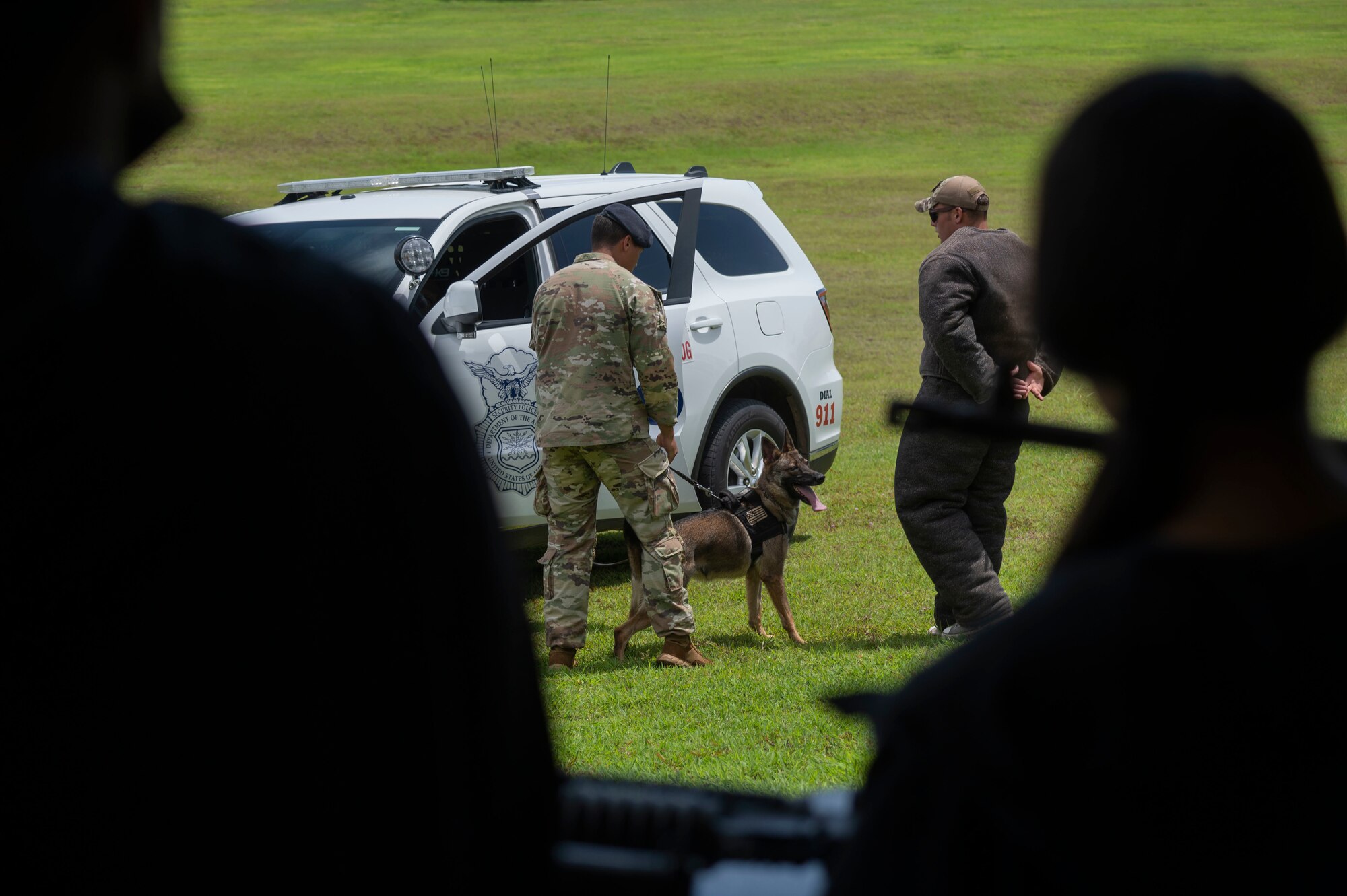 A dog and his handler arresting a man