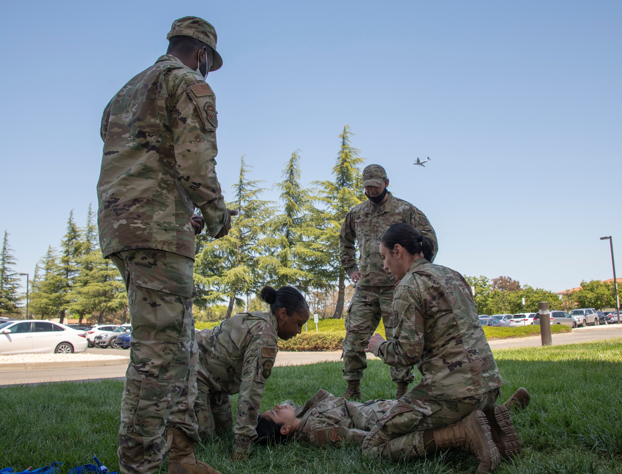 U.S. Airmen participate in medical readiness tactical combat casualty care training at David Grant USAF Medical Center, Travis Air Force Base, California, April 28, 2022.