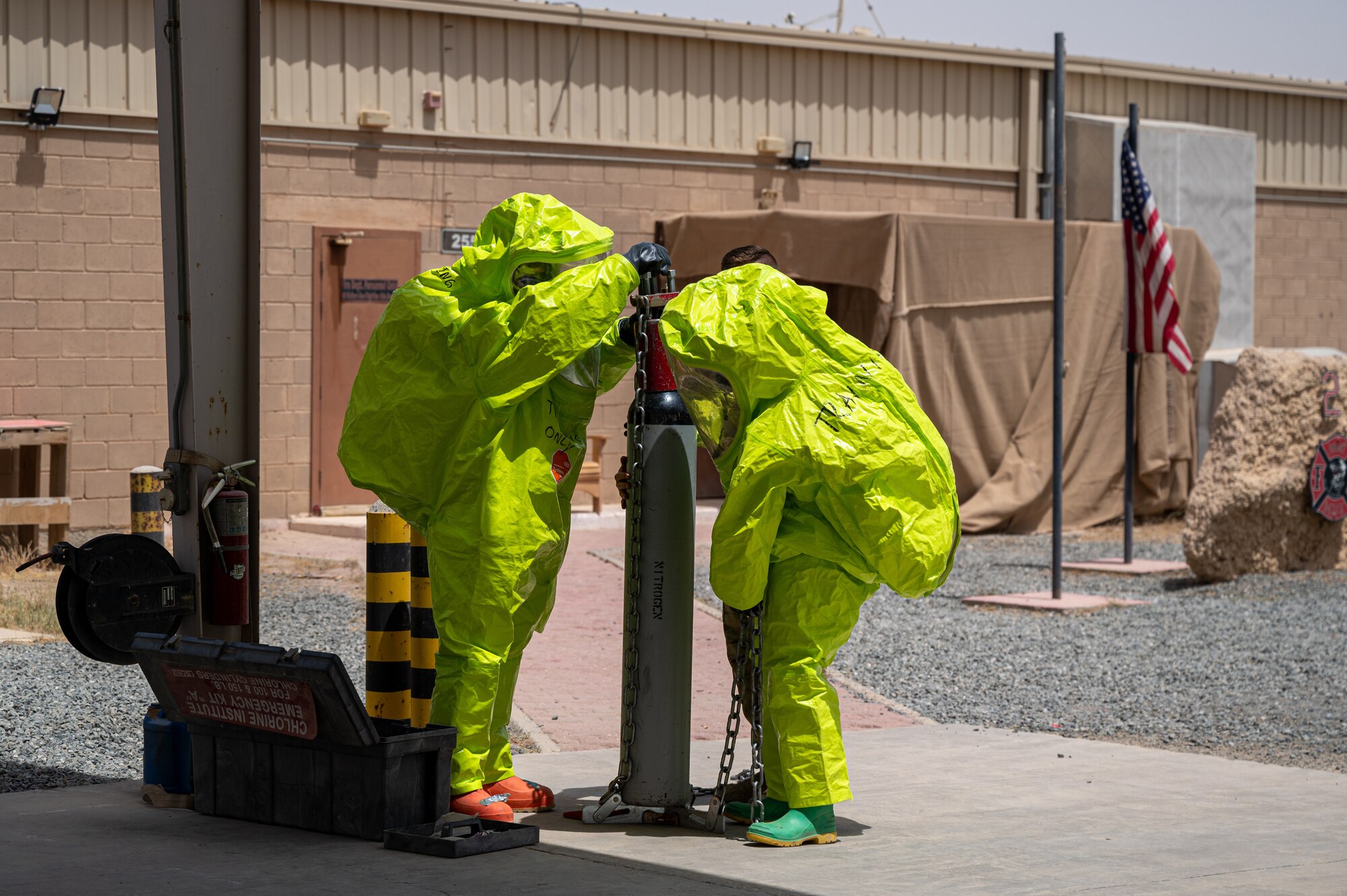 The 386th Expeditionary Civil Engineer Squadron Fire Department conducts certification evaluations for hazardous materials incident commanders and technicians.  Depending on the type of incident that may occur at Ali Al Salem Air Base, Kuwait, the fire department may work with emergency management, bioenvironmental, security forces and explosive ordnance disposal.