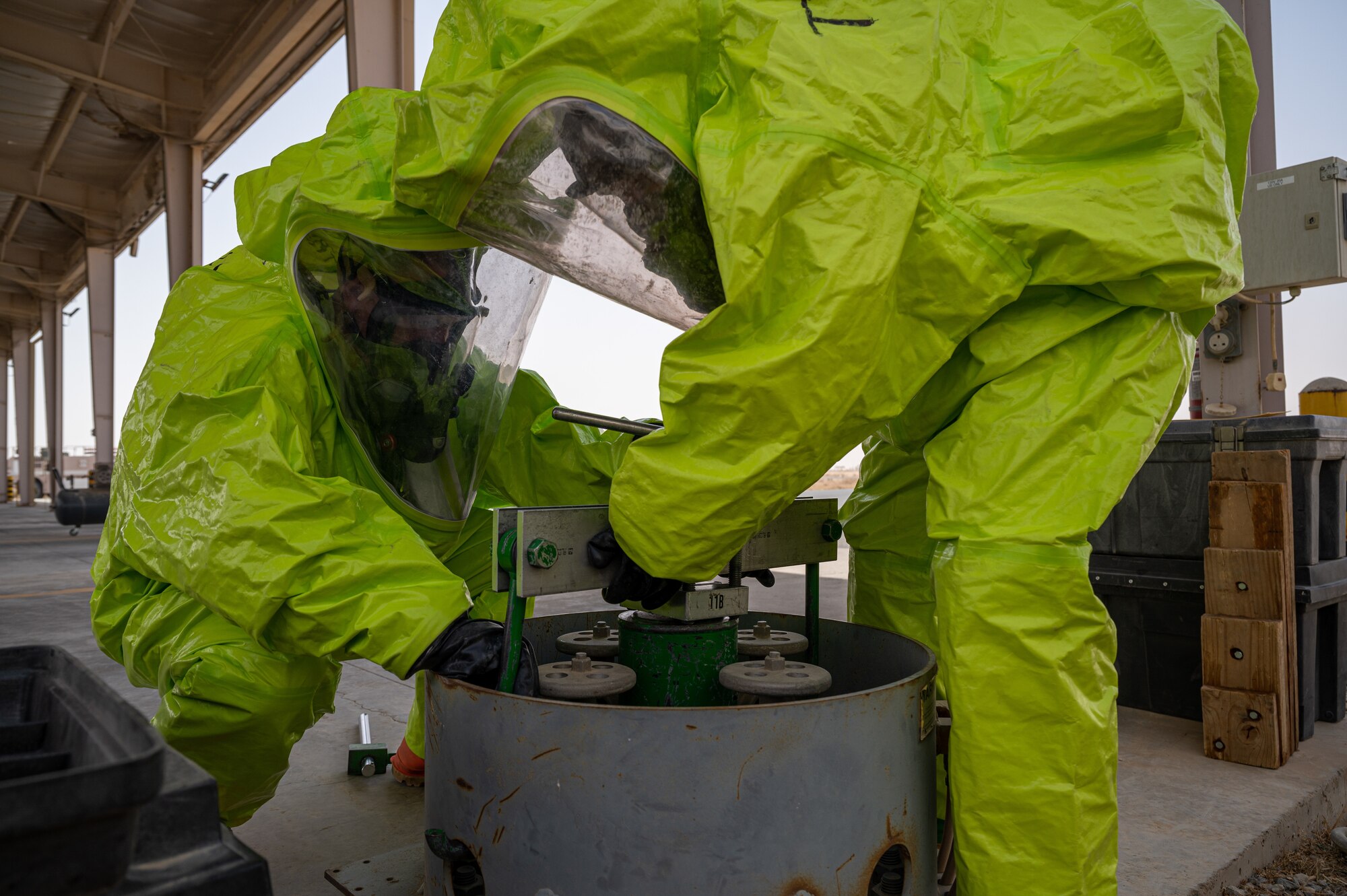 The 386th Expeditionary Civil Engineer Squadron Fire Department conducts certification evaluations for hazardous materials incident commanders and technicians.  Depending on the type of incident that may occur at Ali Al Salem Air Base, Kuwait, the fire department may work with emergency management, bioenvironmental, security forces and explosive ordnance disposal.